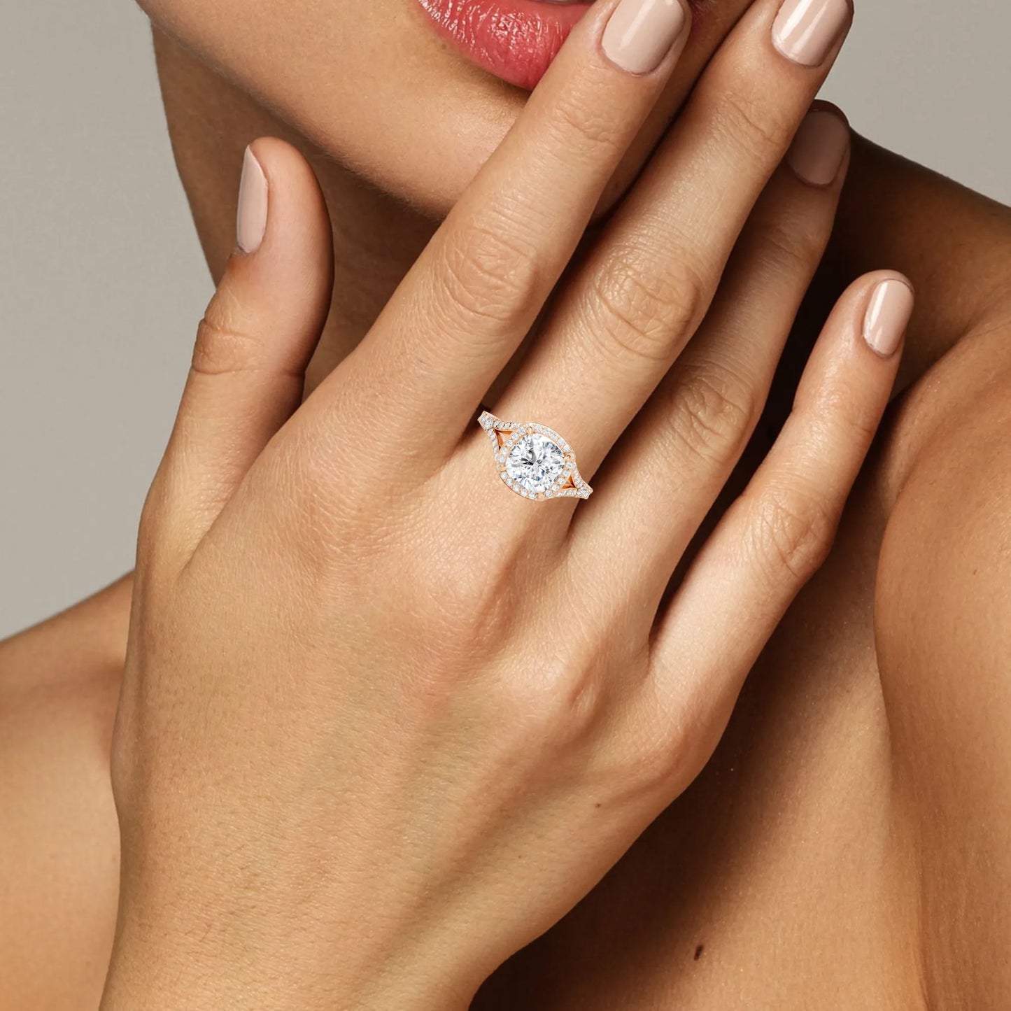 14K Gold Cushion Cut Diamond Split Shank Halo Engagement Ring