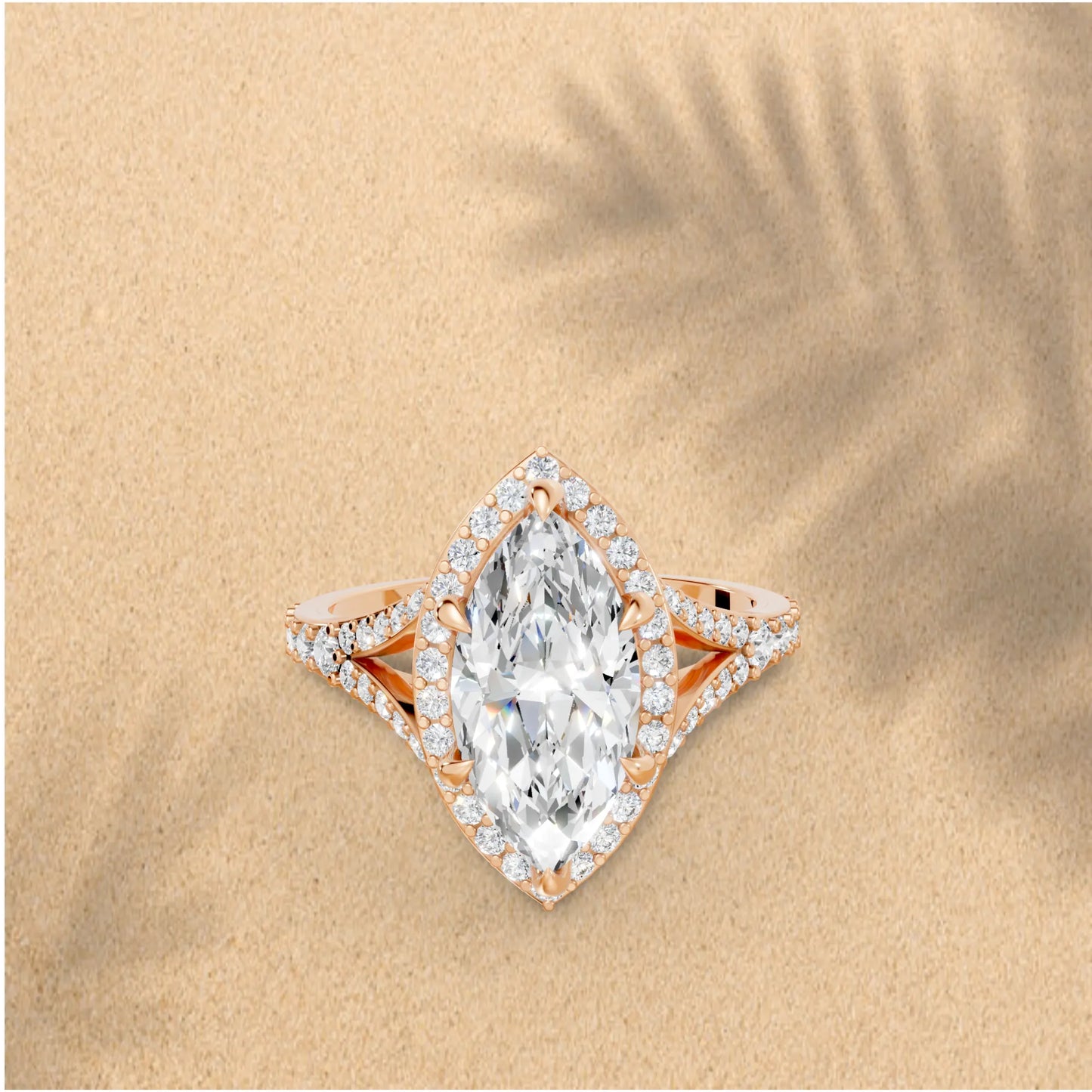 14K Gold Marquise Cut Diamond Split Shank Halo Engagement Ring