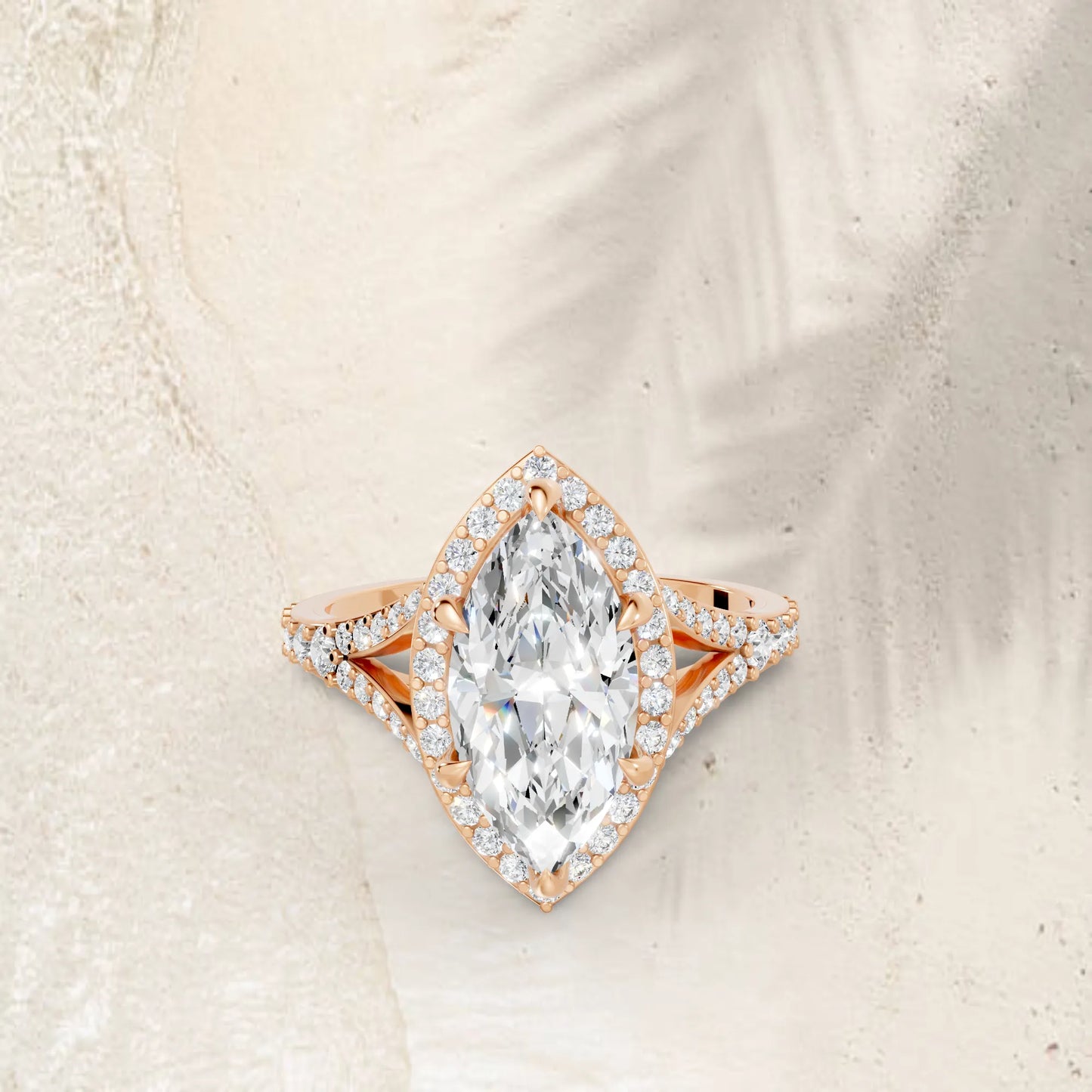 14K Gold Marquise Cut Diamond Split Shank Halo Engagement Ring