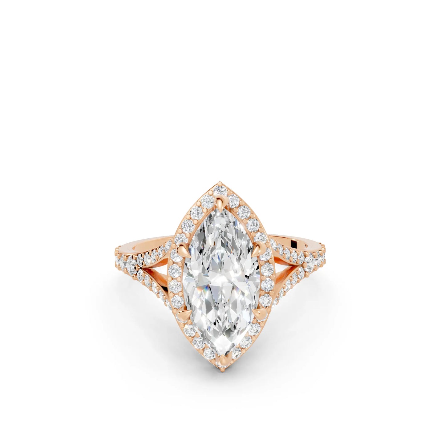 14K Gold Marquise Cut Diamond Split Shank Halo Engagement Ring