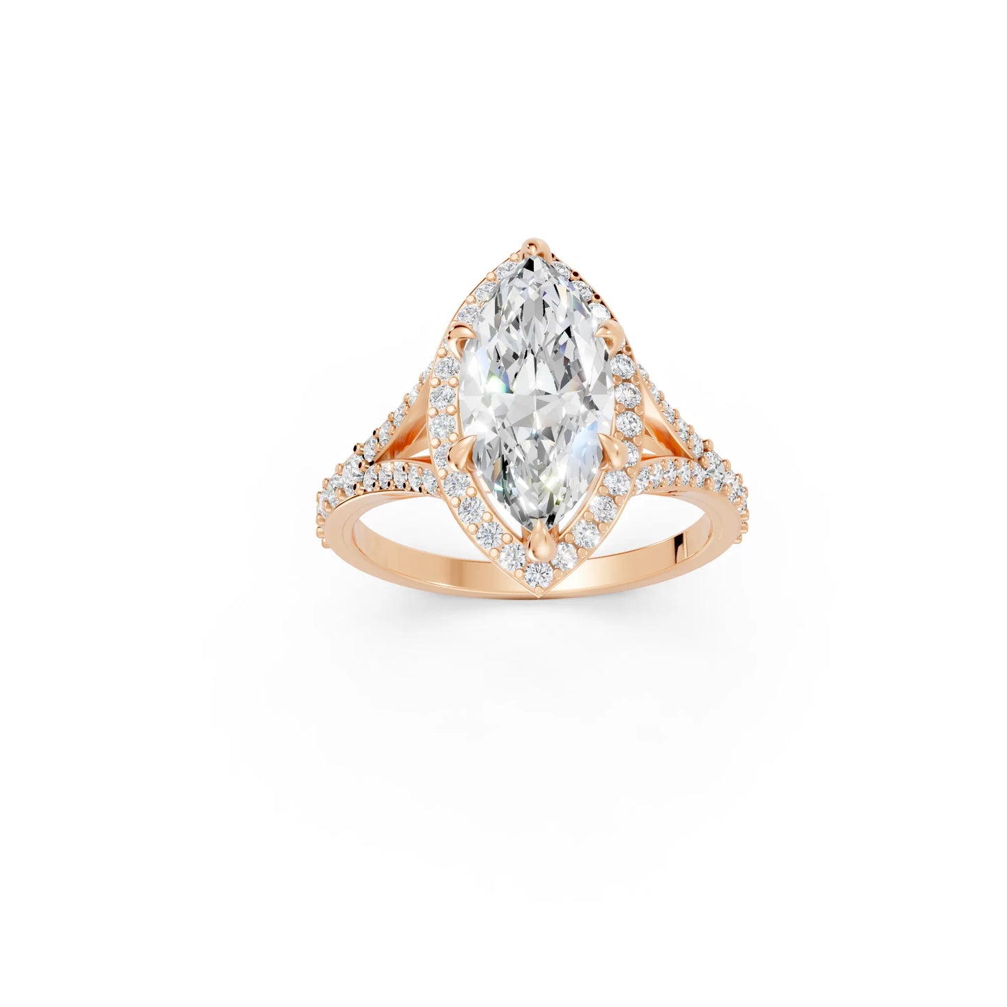 14K Gold Marquise Cut Diamond Split Shank Halo Engagement Ring