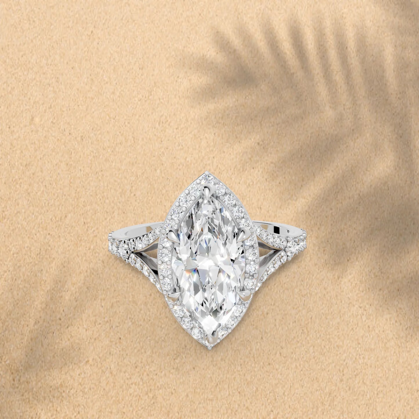 14K Gold Marquise Cut Diamond Split Shank Halo Engagement Ring