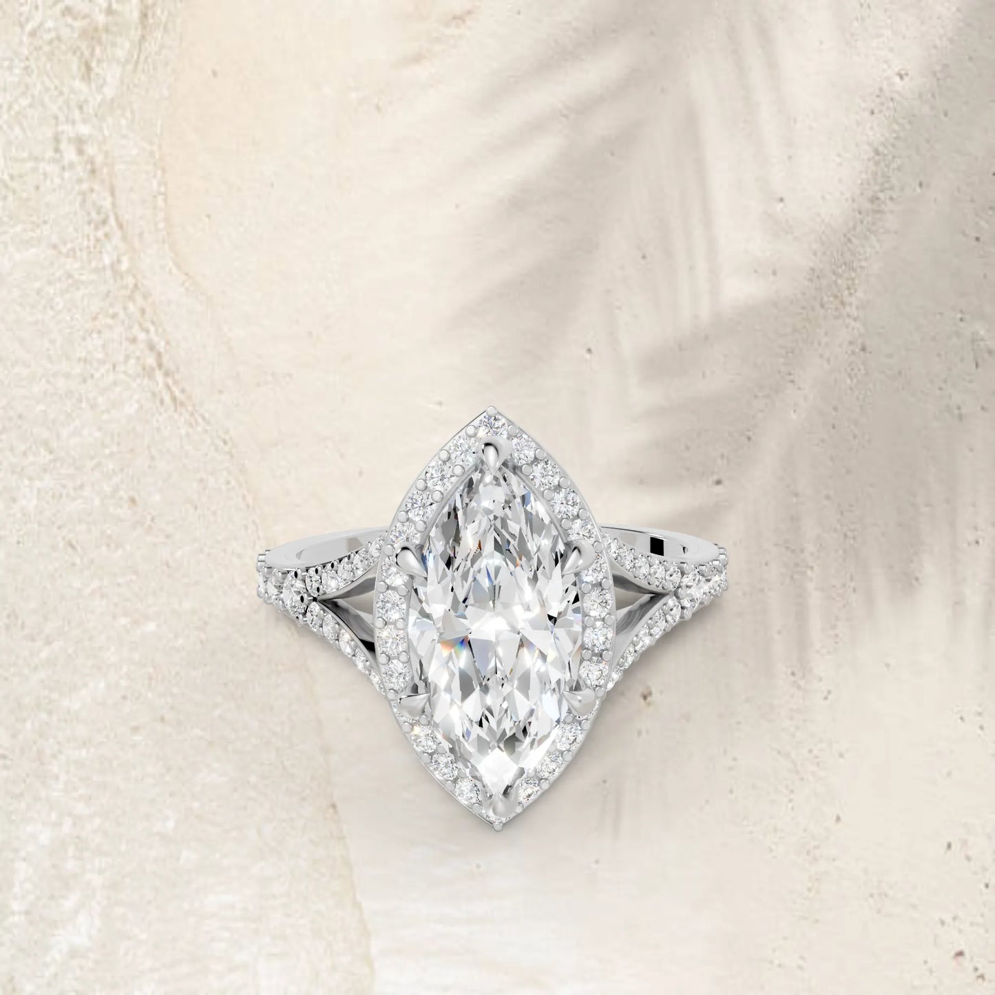 14K Gold Marquise Cut Diamond Split Shank Halo Engagement Ring