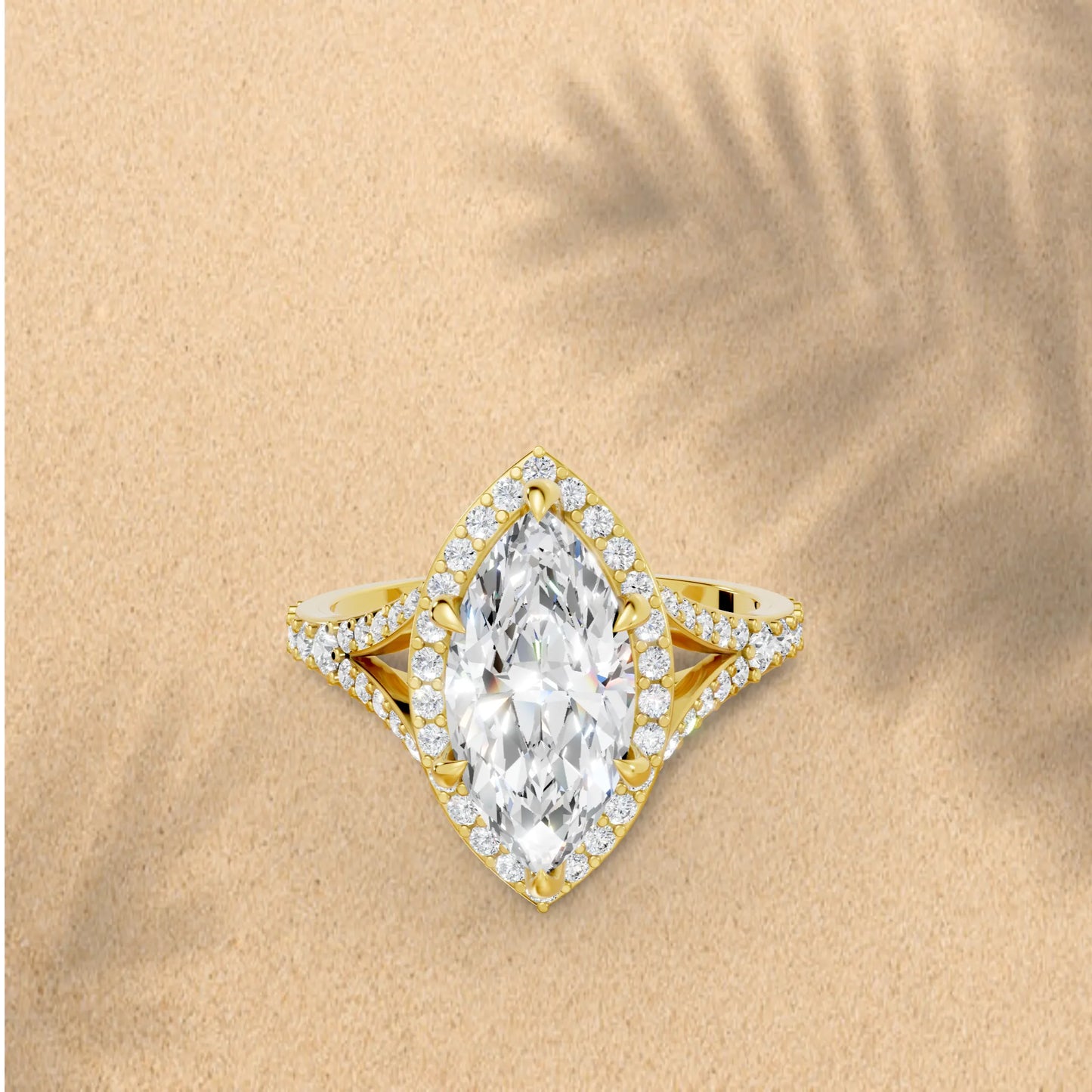 14K Gold Marquise Cut Diamond Split Shank Halo Engagement Ring
