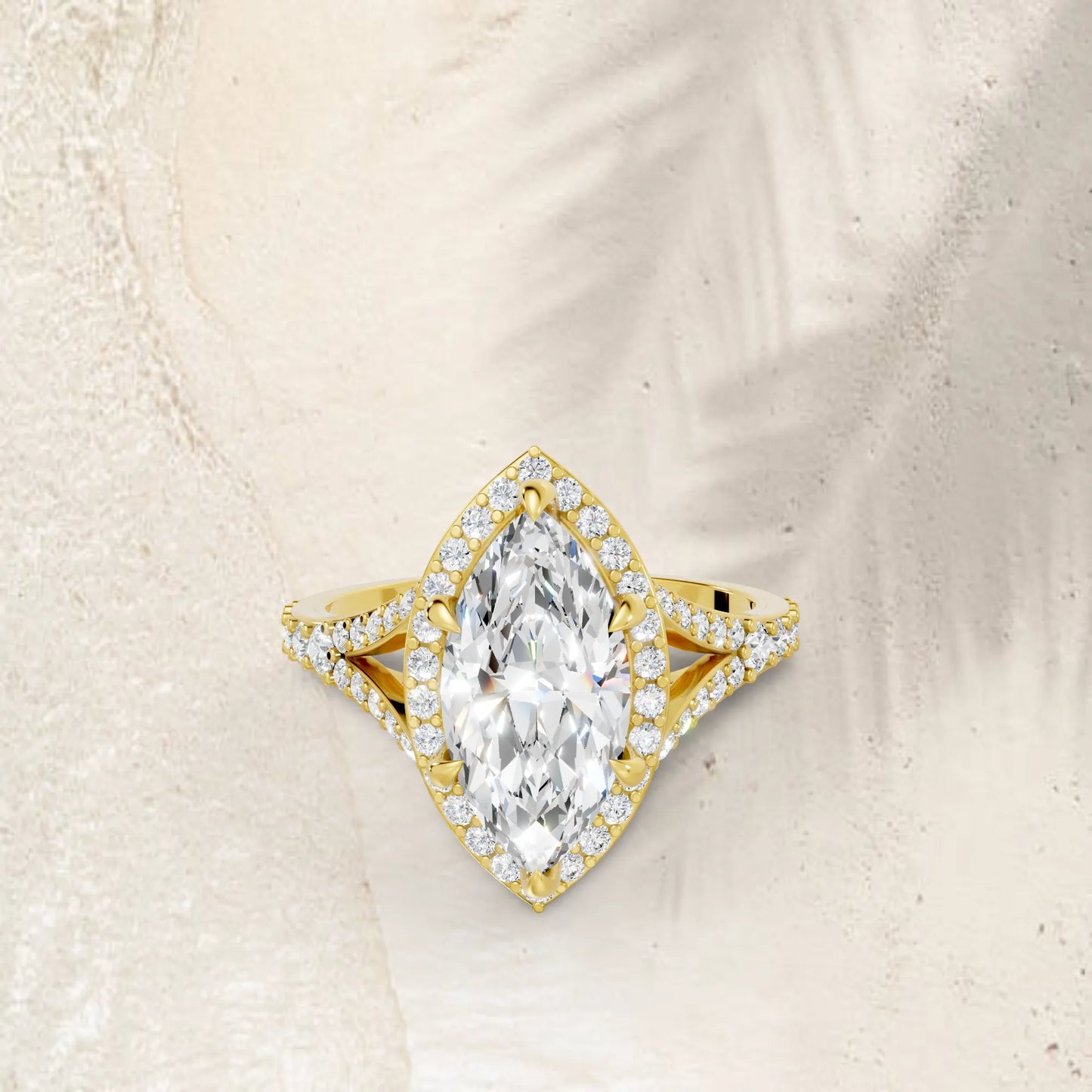 14K Gold Marquise Cut Diamond Split Shank Halo Engagement Ring