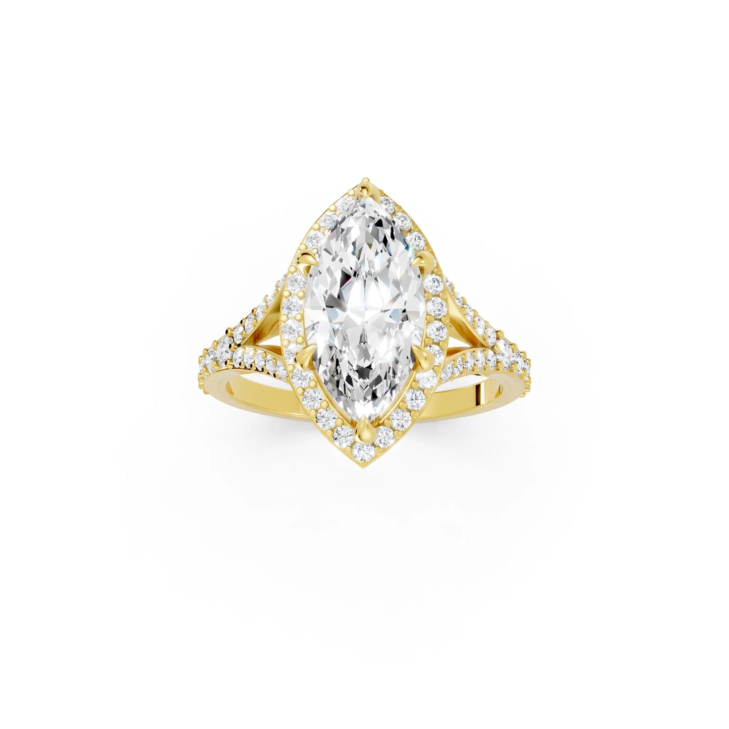 14K Gold Marquise Cut Diamond Split Shank Halo Engagement Ring