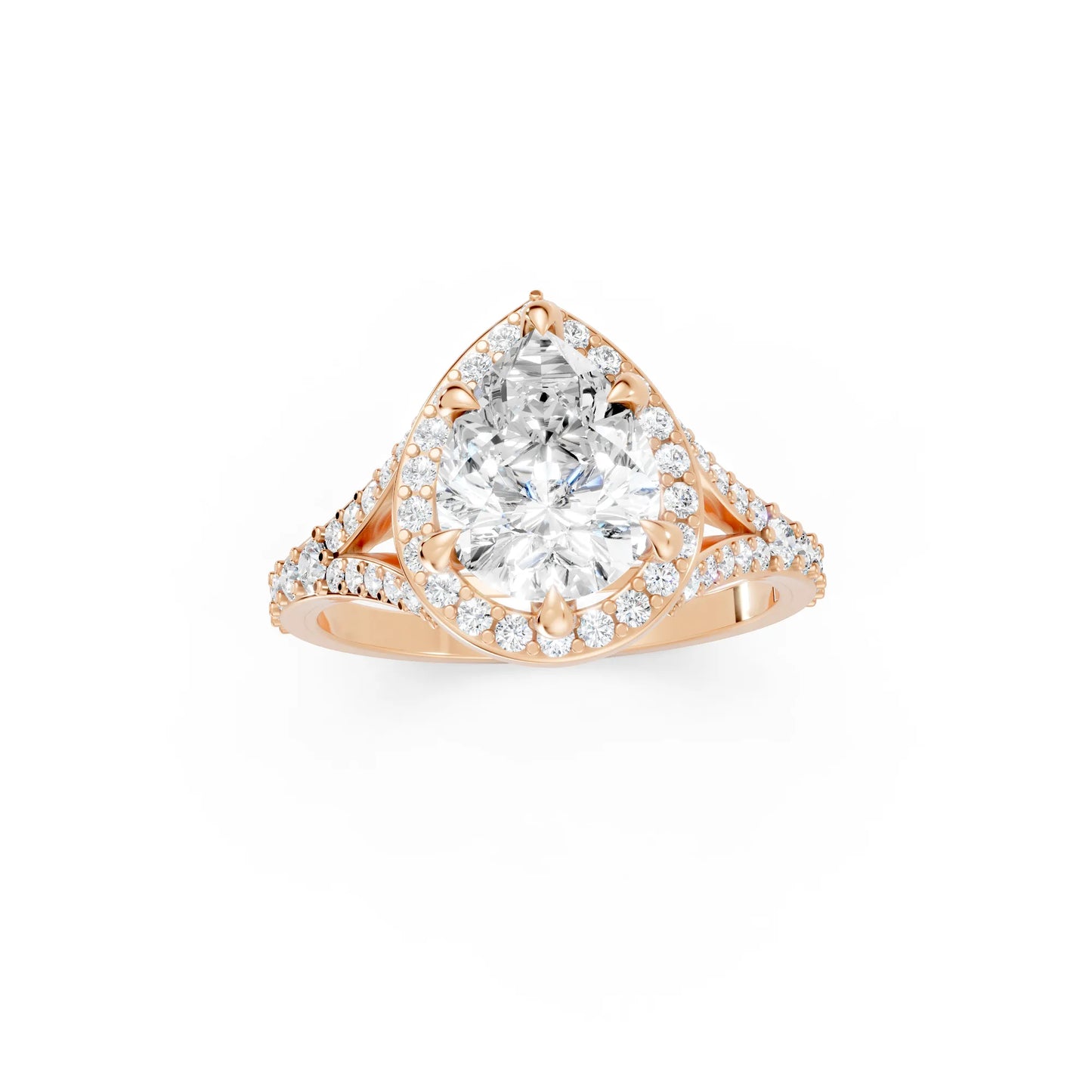 14K Gold Pear Cut Diamond Split Shank Halo Engagement Ring