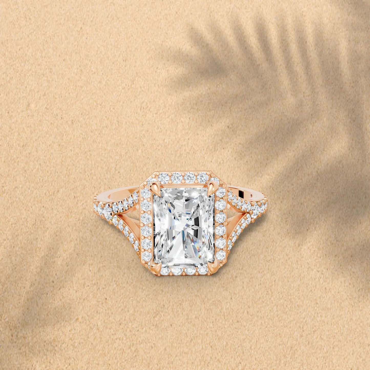 14K Gold Radiant Cut Diamond Split Shank Halo Engagement Ring