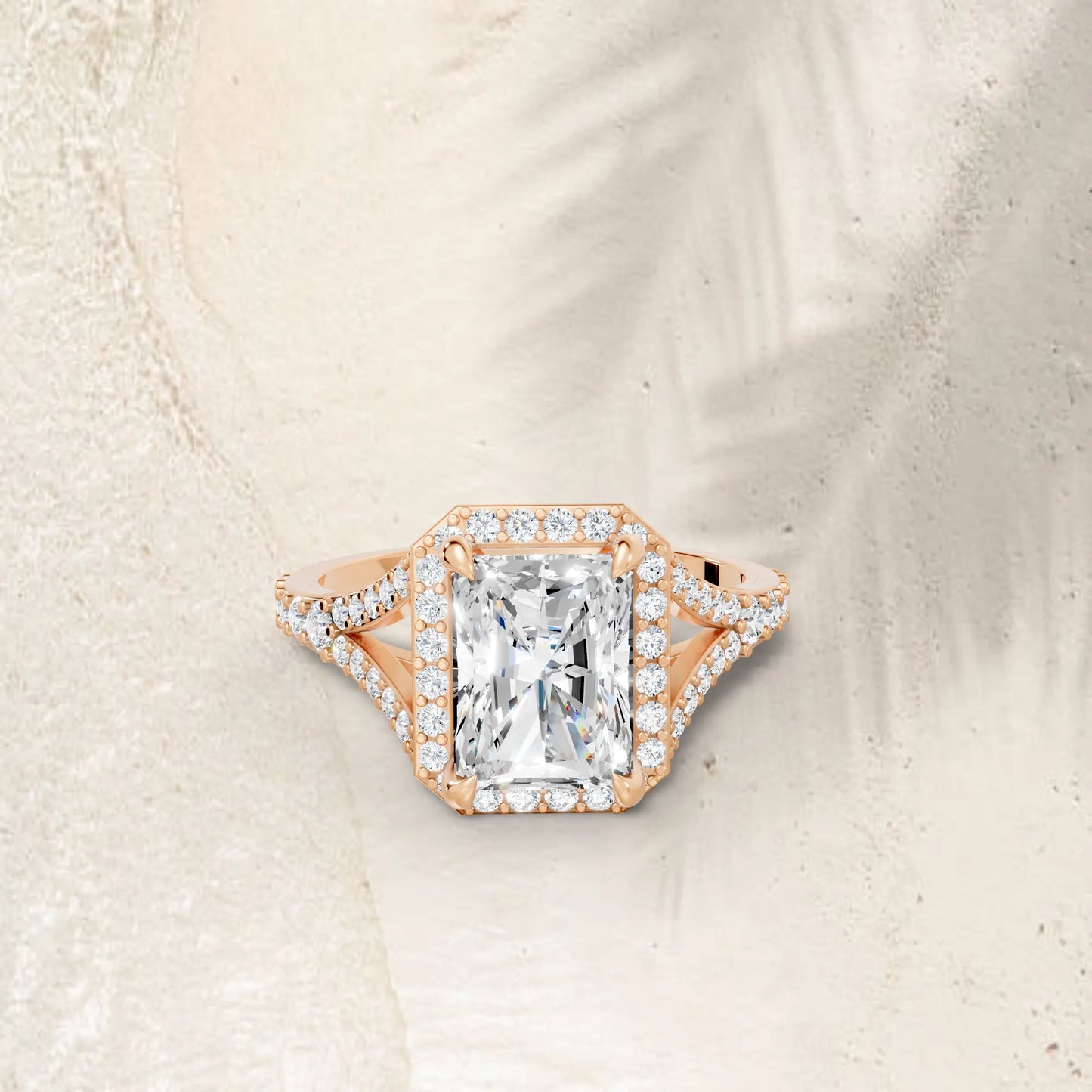 14K Gold Radiant Cut Diamond Split Shank Halo Engagement Ring