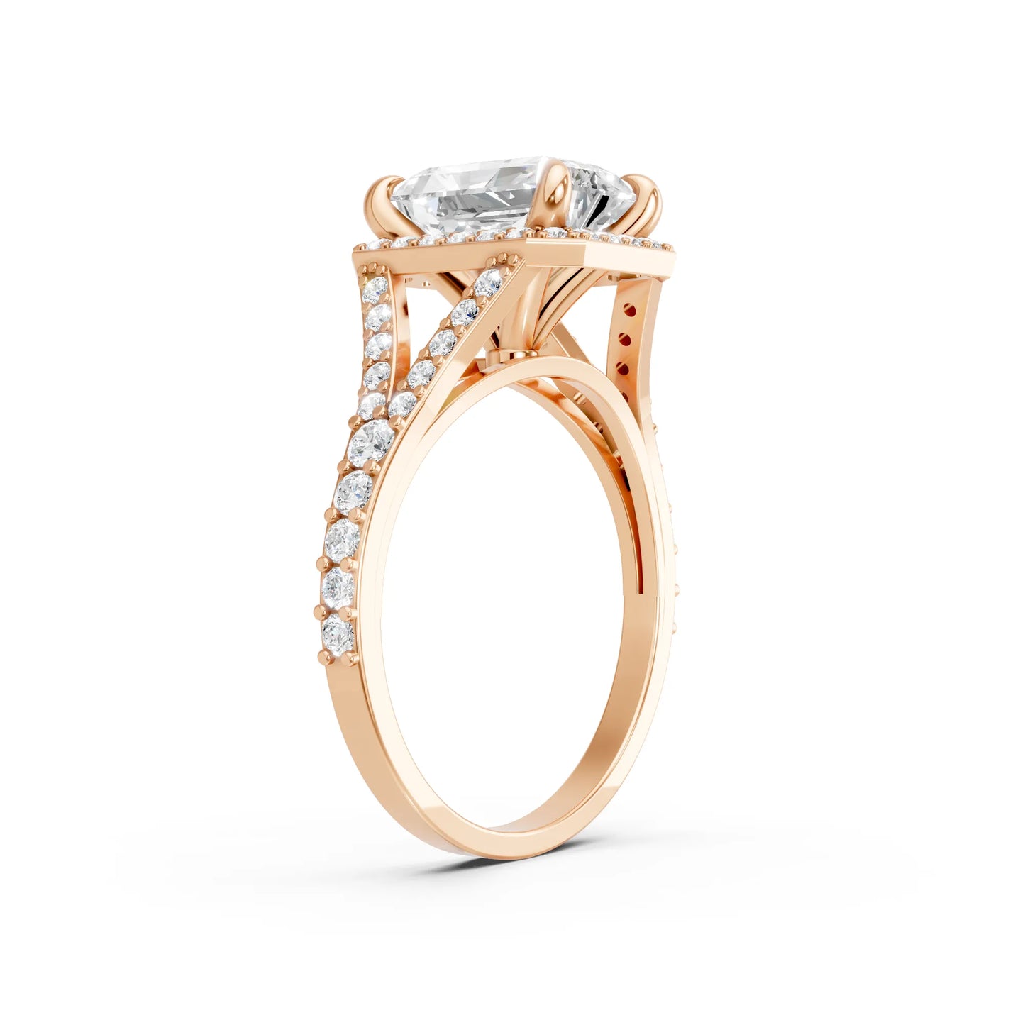 14K Gold Radiant Cut Diamond Split Shank Halo Engagement Ring
