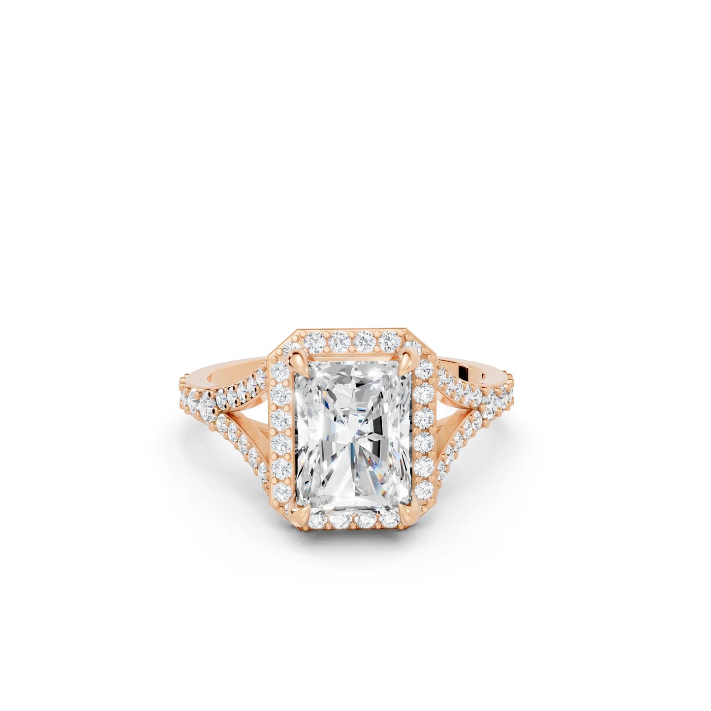 14K Gold Radiant Cut Diamond Split Shank Halo Engagement Ring
