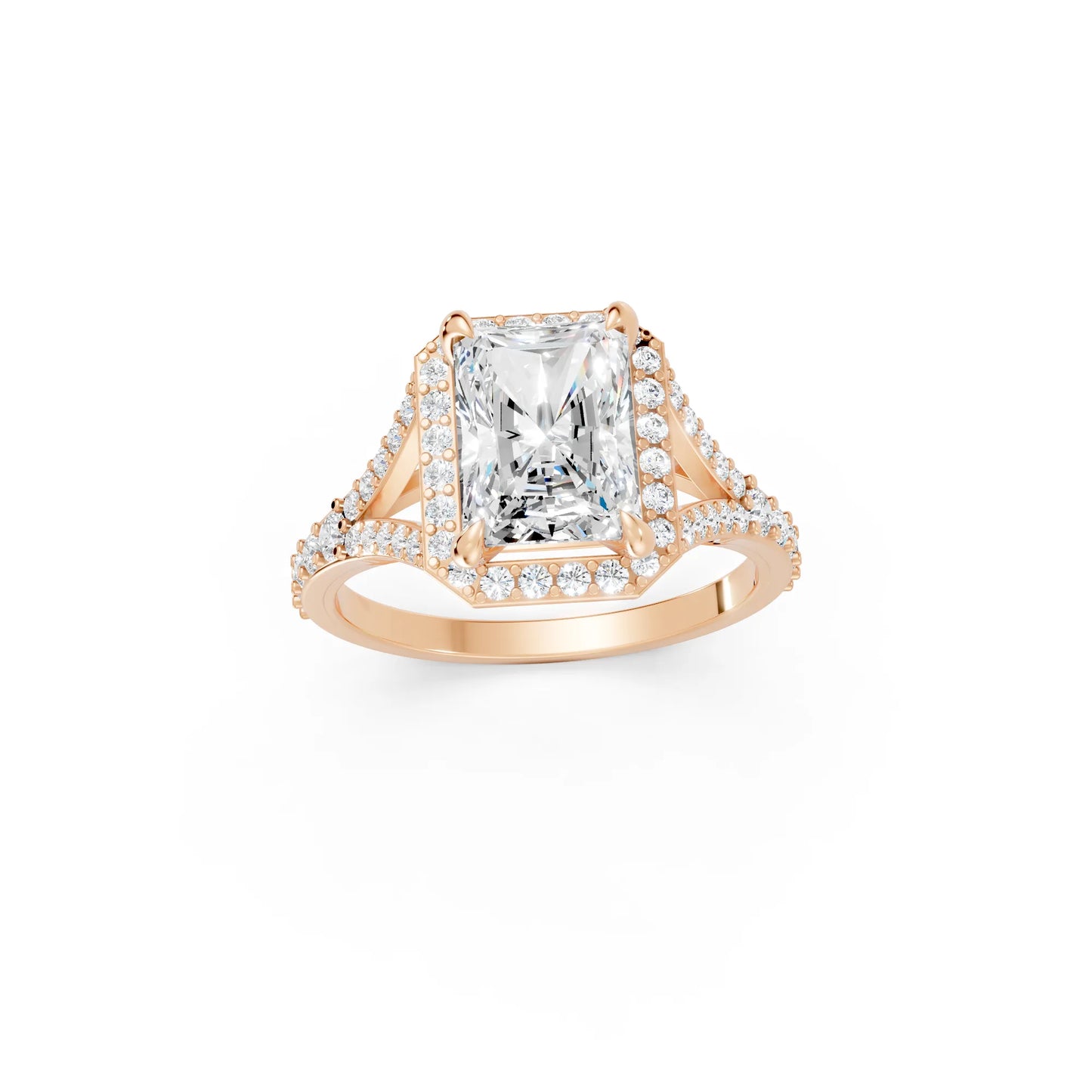 14K Gold Radiant Cut Diamond Split Shank Halo Engagement Ring