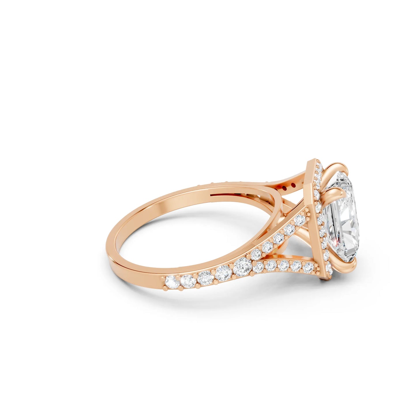 14K Gold Radiant Cut Diamond Split Shank Halo Engagement Ring