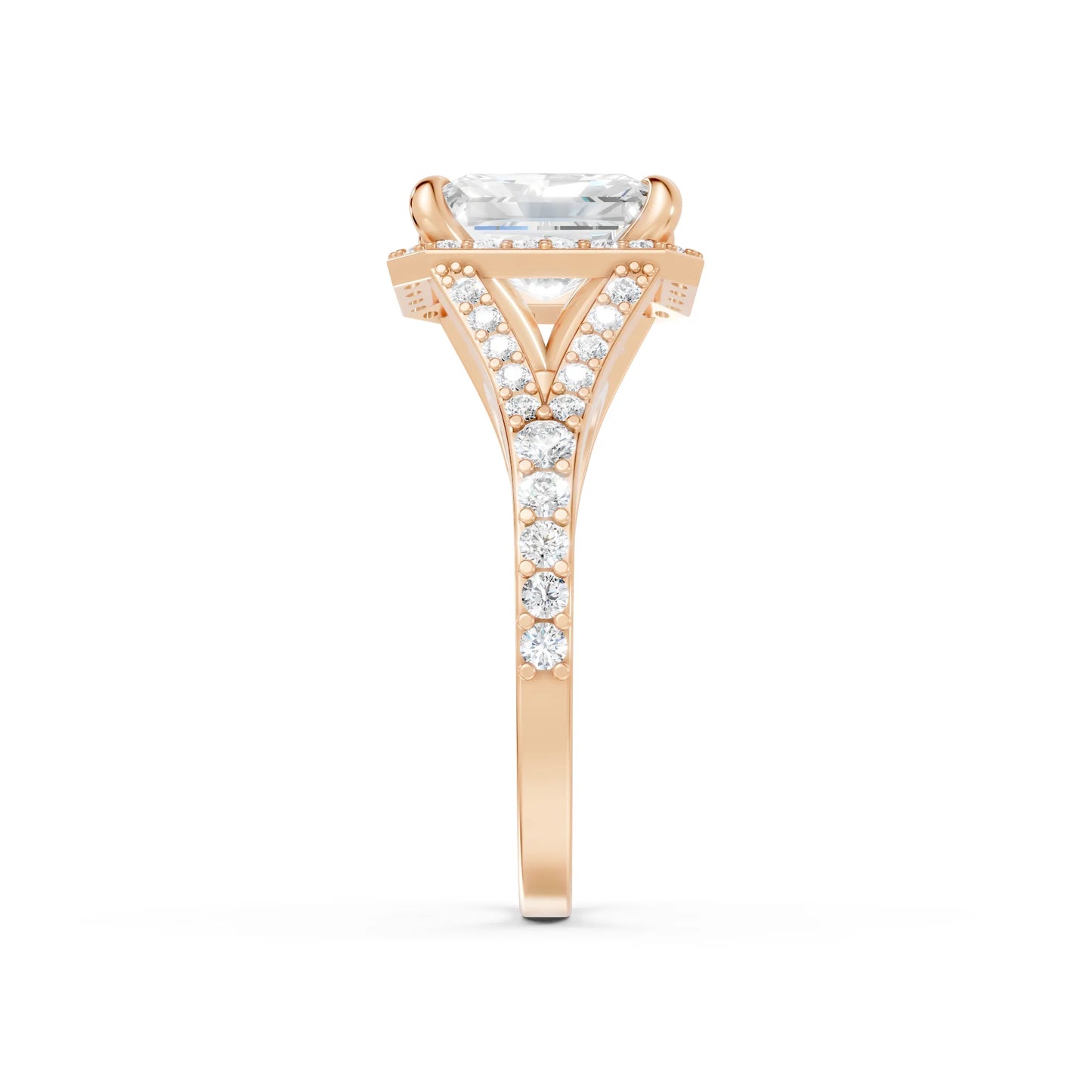 14K Gold Radiant Cut Diamond Split Shank Halo Engagement Ring