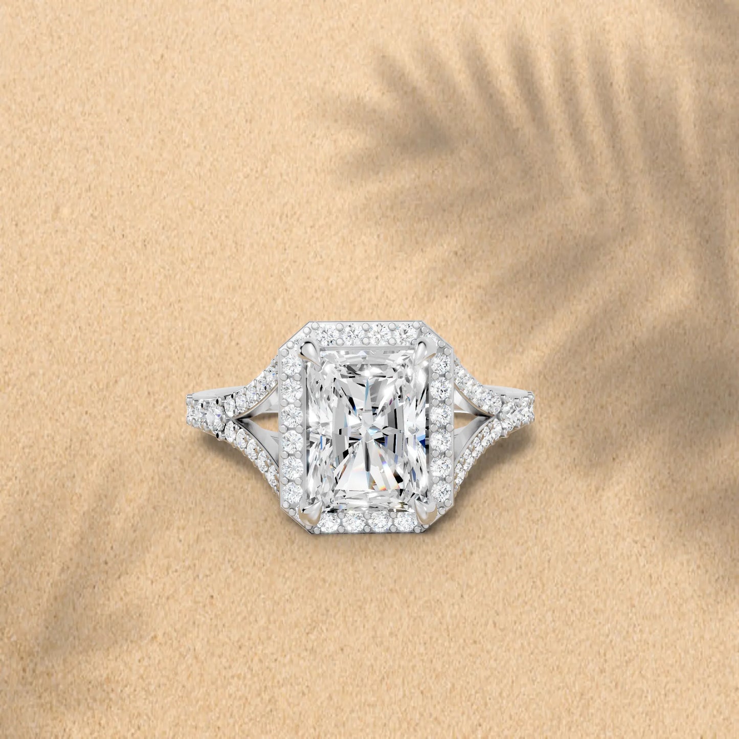 14K Gold Radiant Cut Diamond Split Shank Halo Engagement Ring