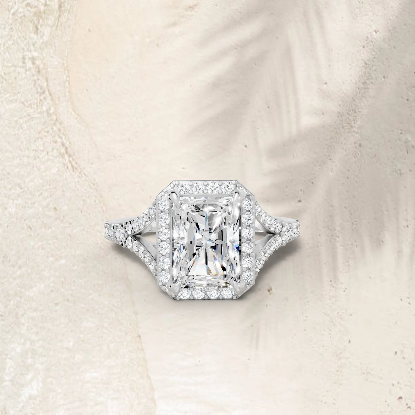 14K Gold Radiant Cut Diamond Split Shank Halo Engagement Ring