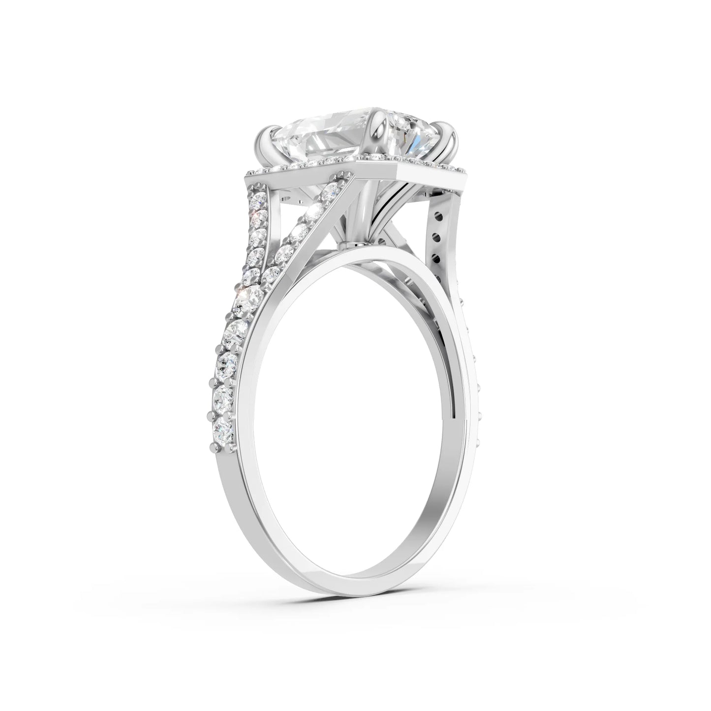 14K Gold Radiant Cut Diamond Split Shank Halo Engagement Ring