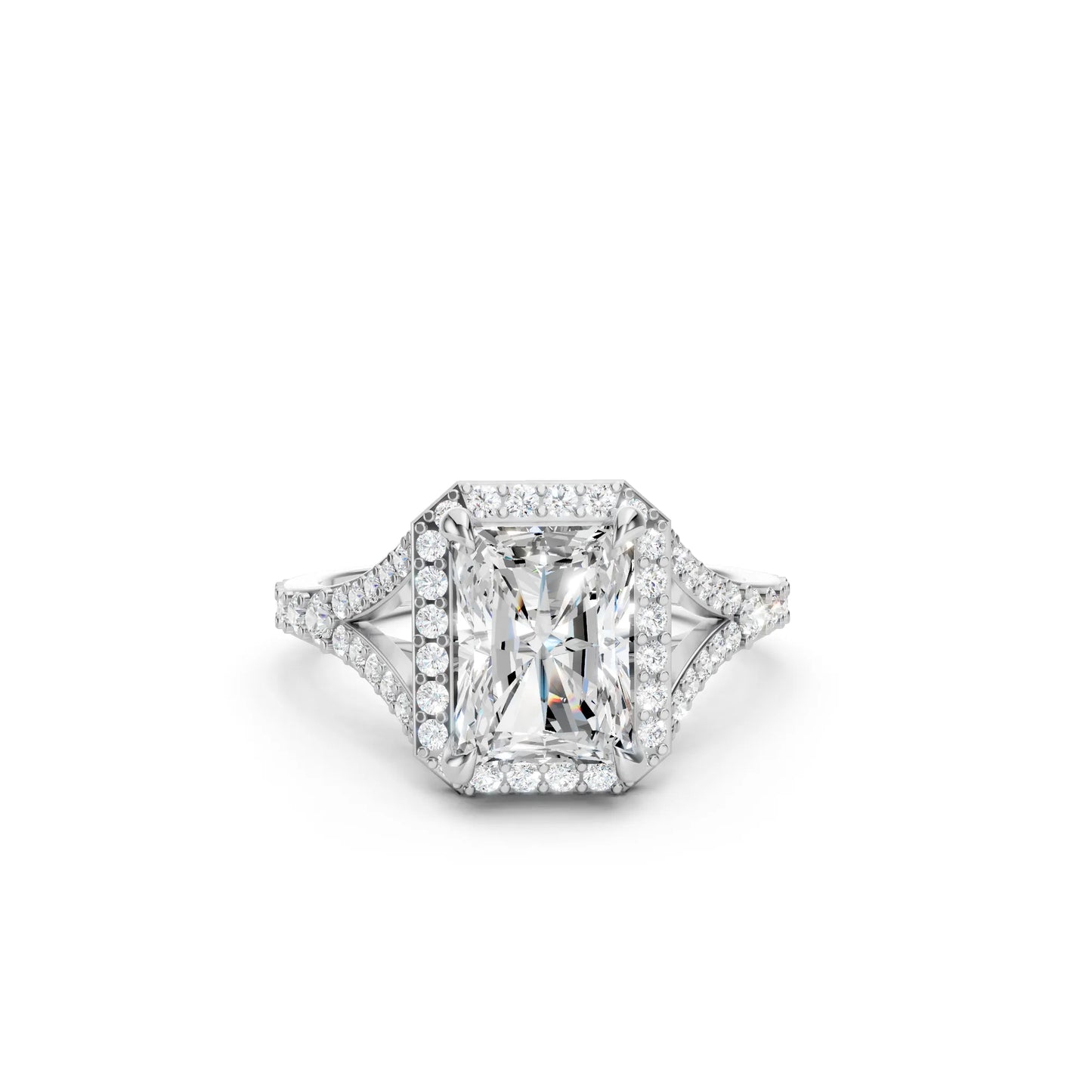 14K Gold Radiant Cut Diamond Split Shank Halo Engagement Ring