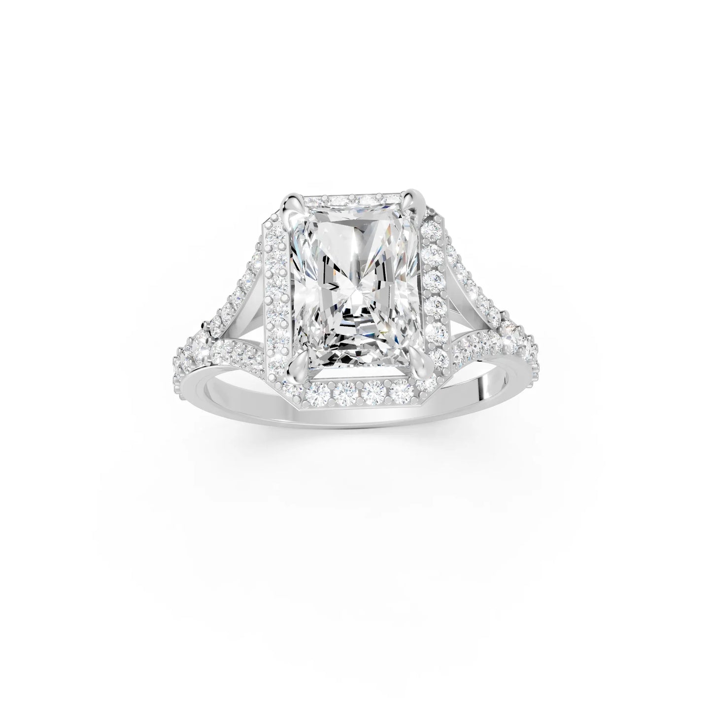 14K Gold Radiant Cut Diamond Split Shank Halo Engagement Ring