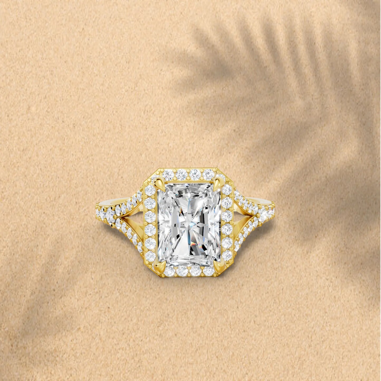 14K Gold Radiant Cut Diamond Split Shank Halo Engagement Ring