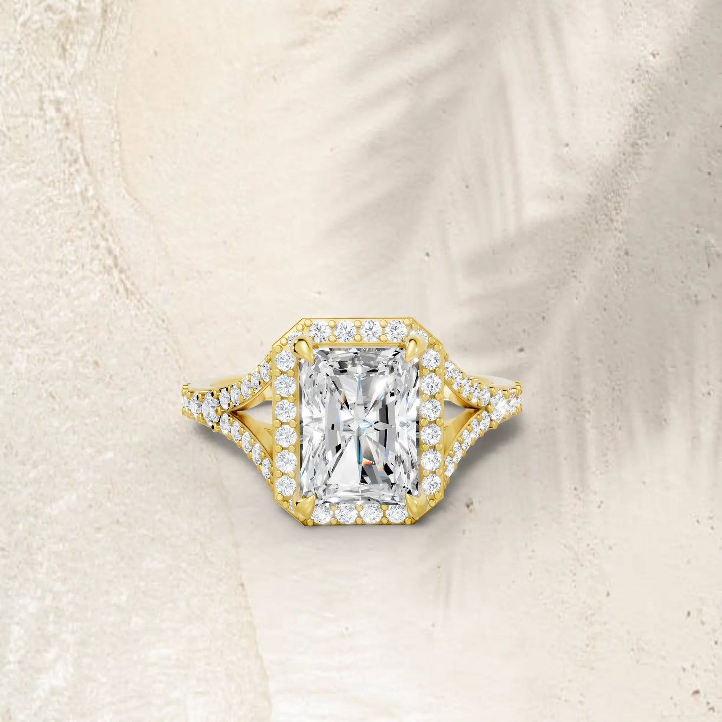14K Gold Radiant Cut Diamond Split Shank Halo Engagement Ring