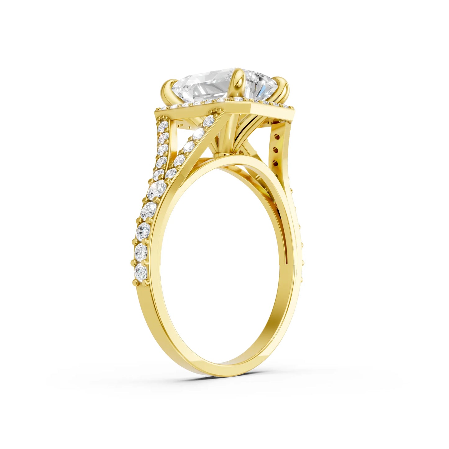 14K Gold Radiant Cut Diamond Split Shank Halo Engagement Ring