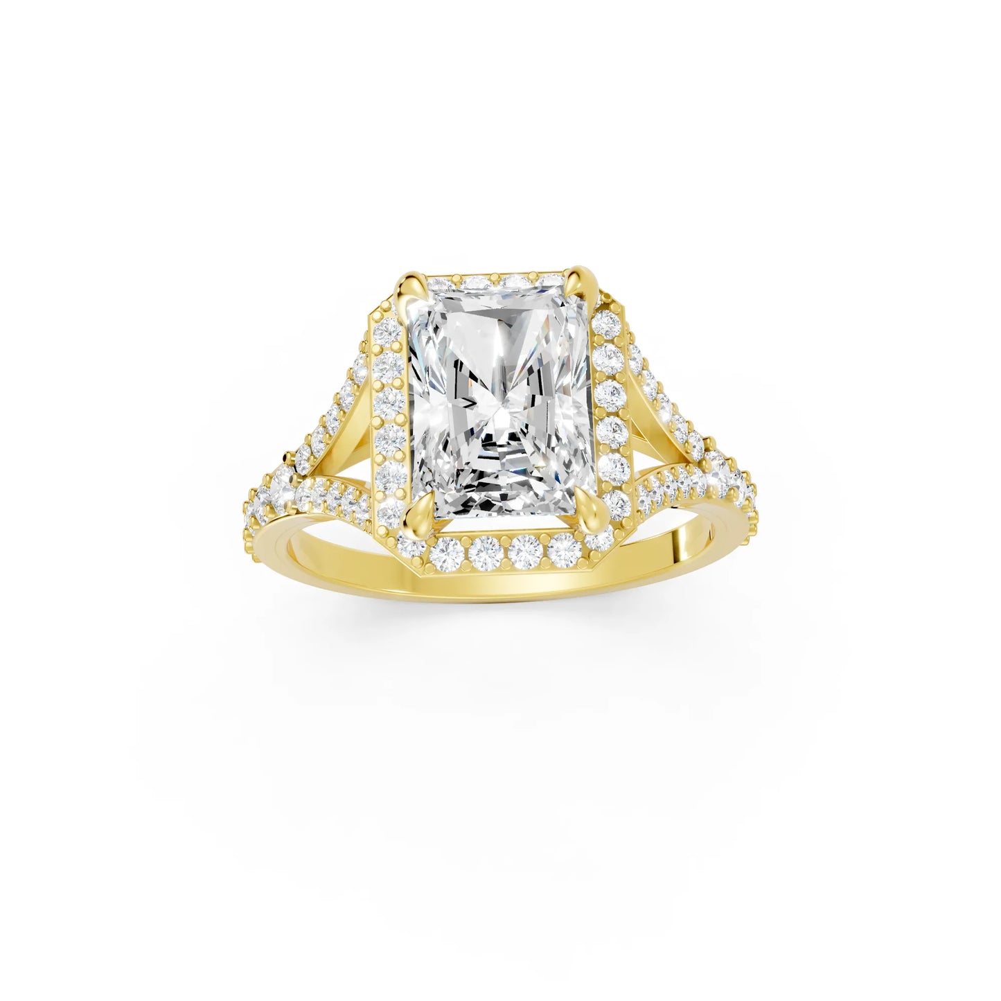 14K Gold Radiant Cut Diamond Split Shank Halo Engagement Ring