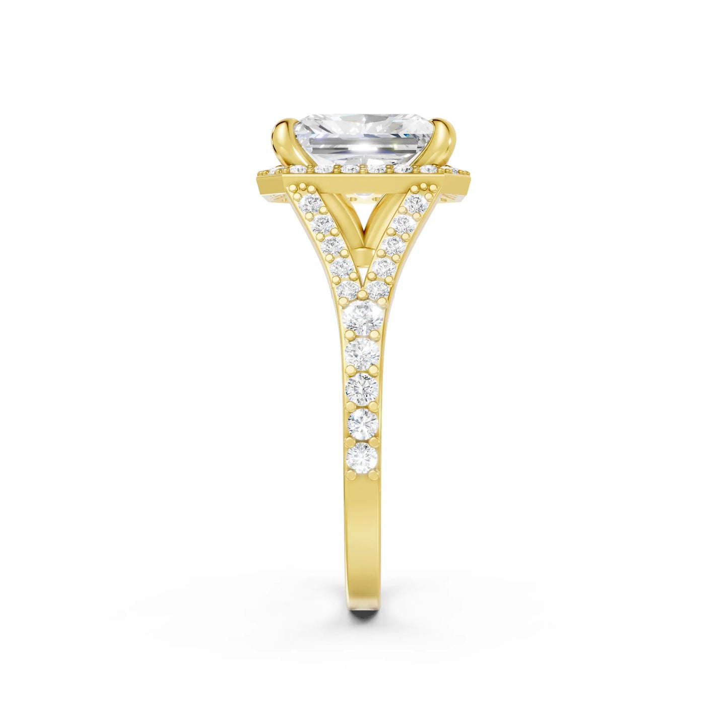 14K Gold Radiant Cut Diamond Split Shank Halo Engagement Ring