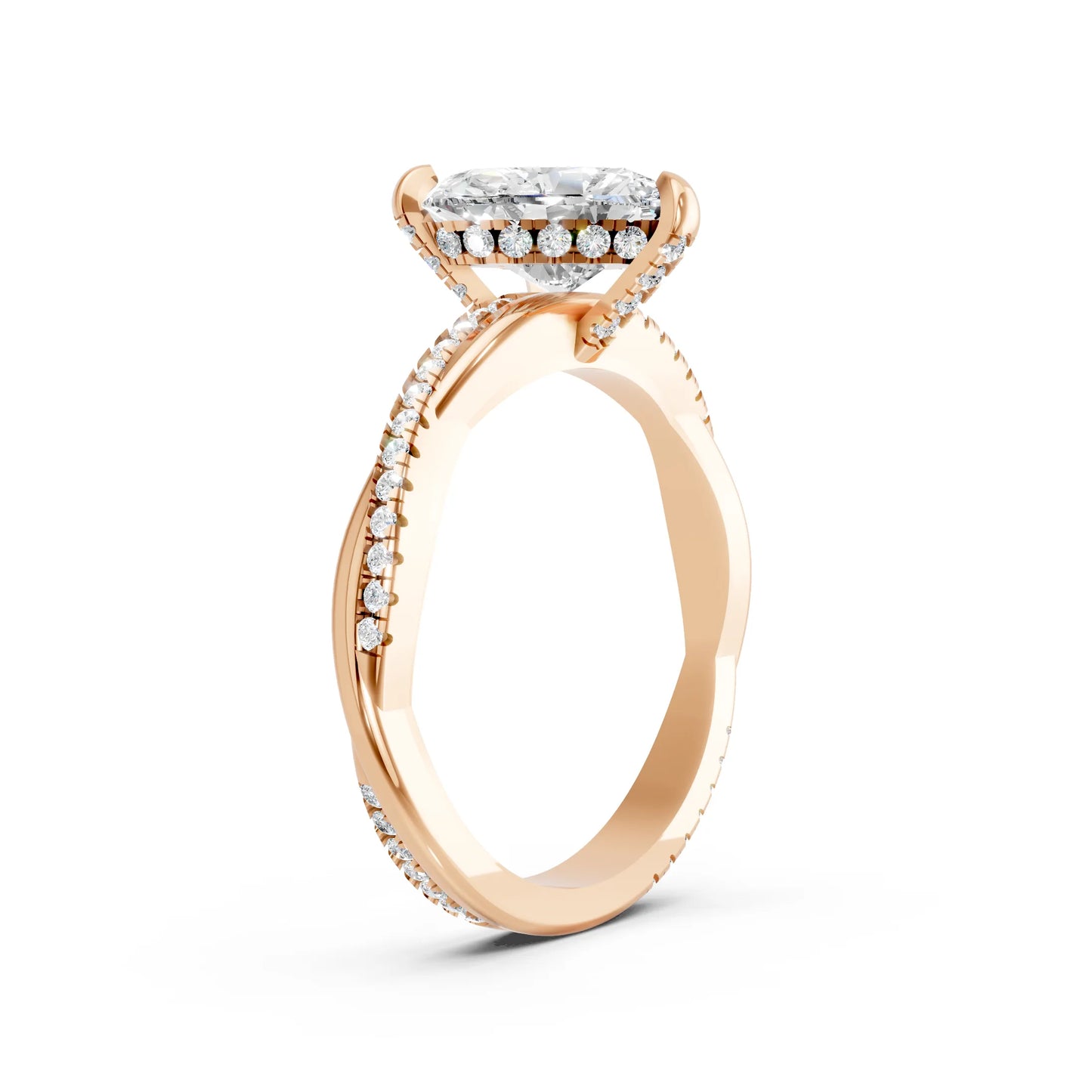 14K Gold Heart Cut Diamond Twisted Vine Hidden Halo Engagement Ring