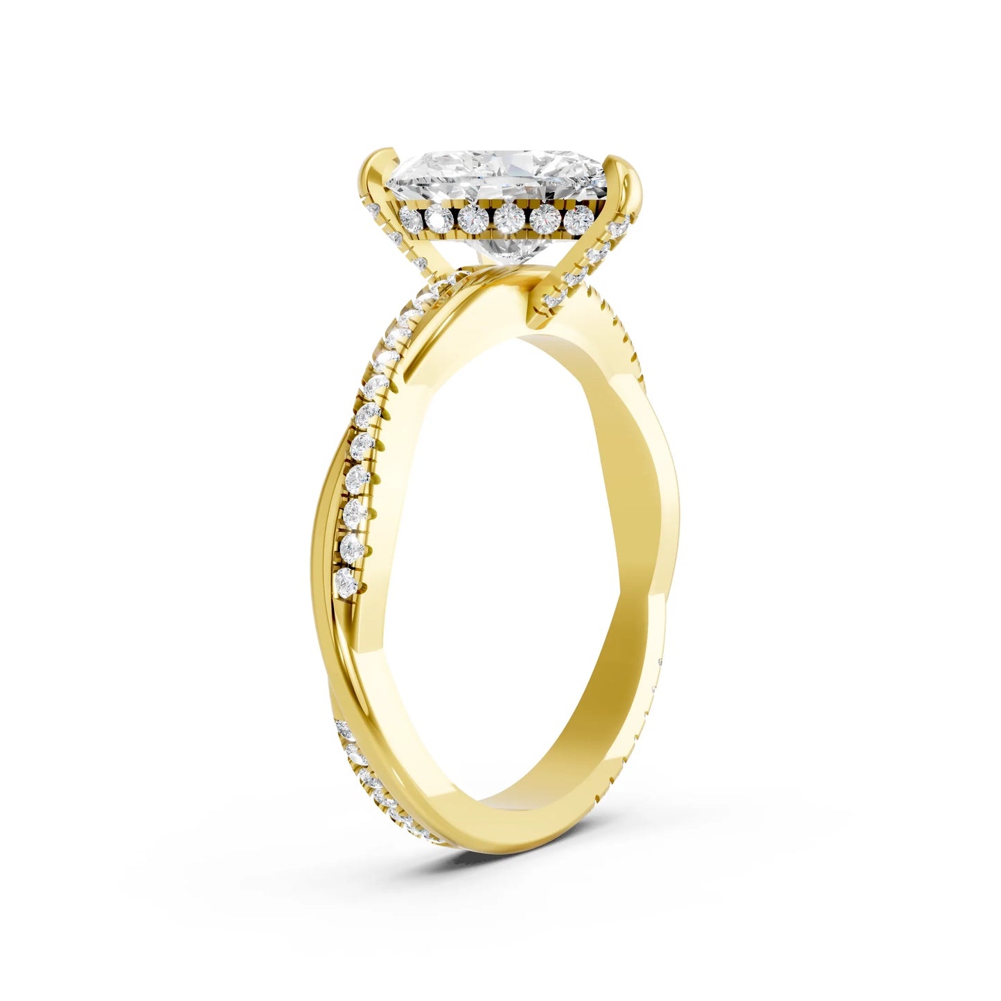 14K Gold Heart Cut Diamond Twisted Vine Hidden Halo Engagement Ring