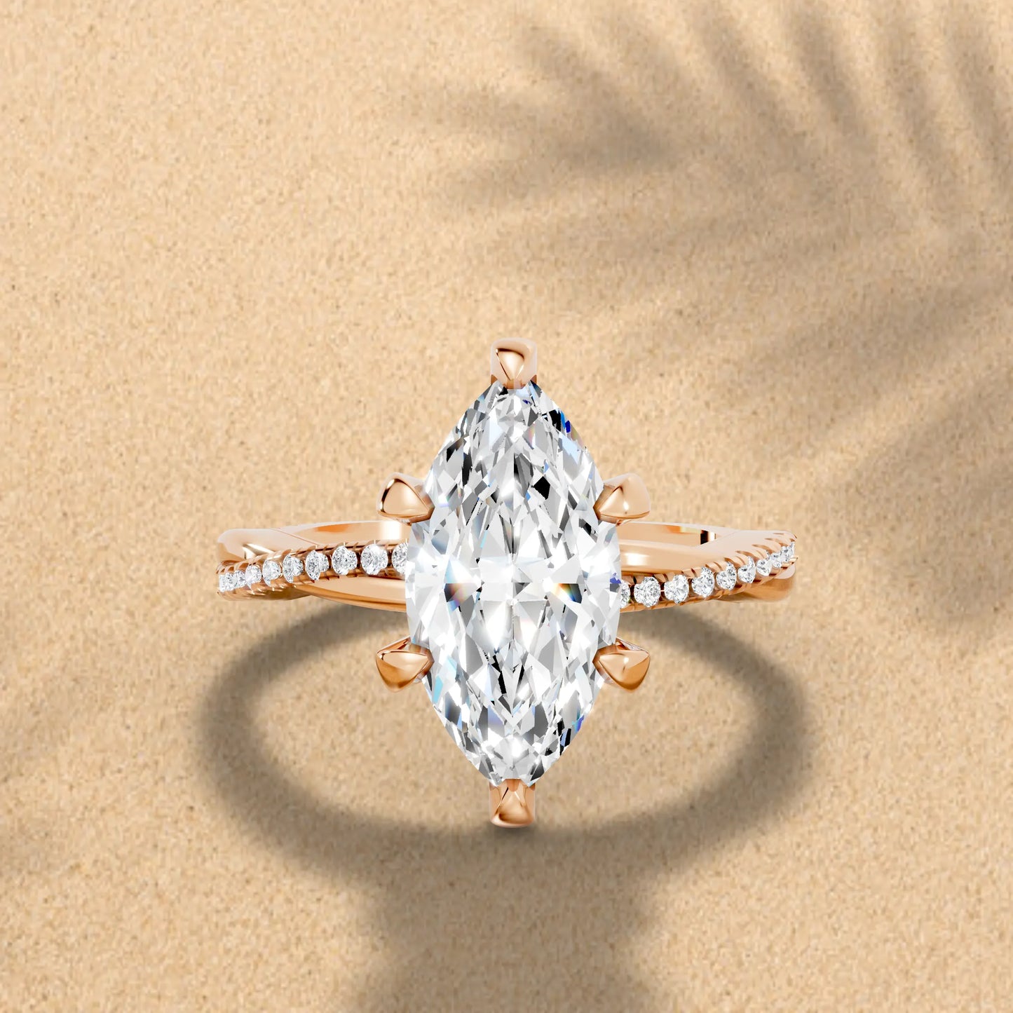 14K Gold Marquise Cut Diamond Twisted Vine Hidden Halo Engagement Ring