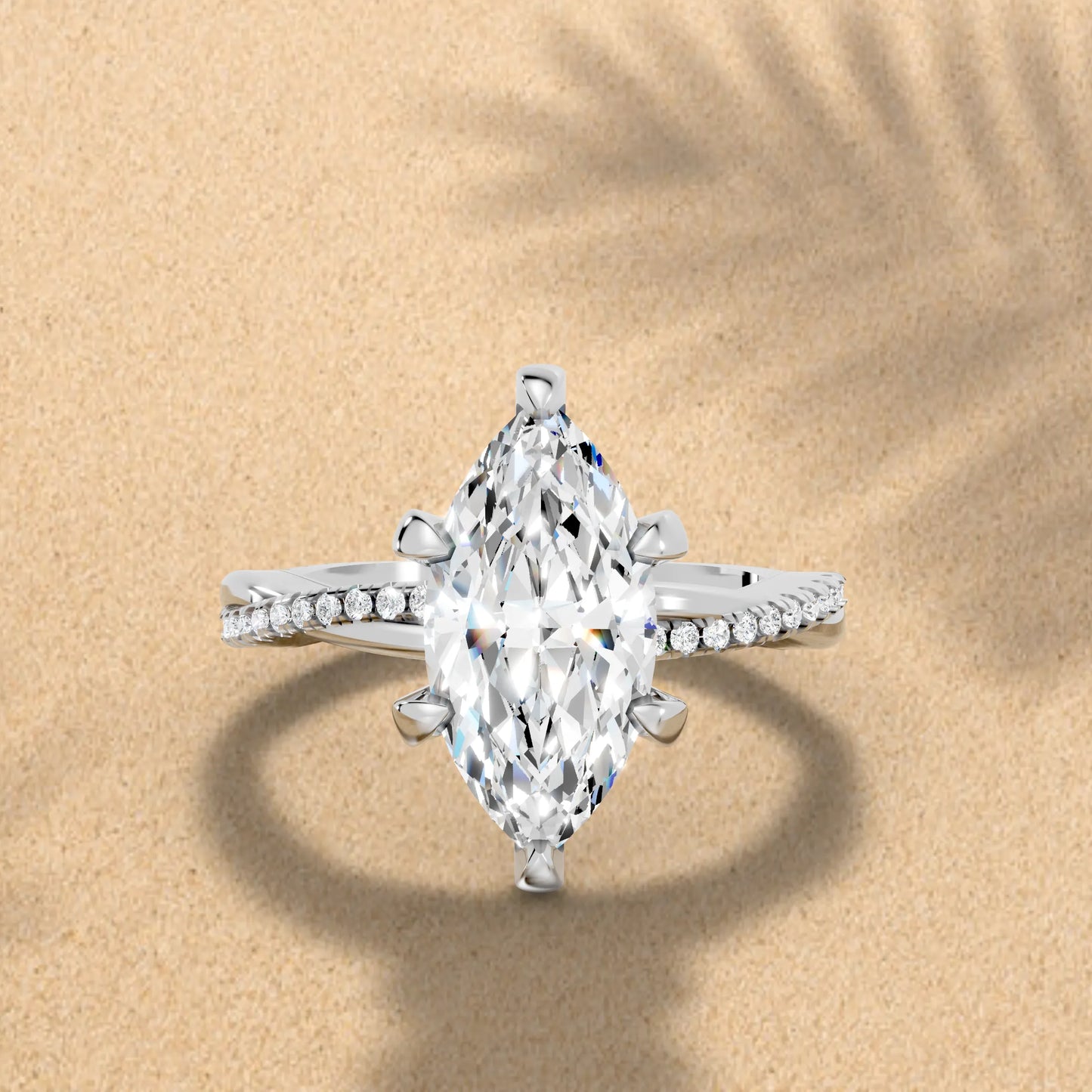 14K Gold Marquise Cut Diamond Twisted Vine Hidden Halo Engagement Ring