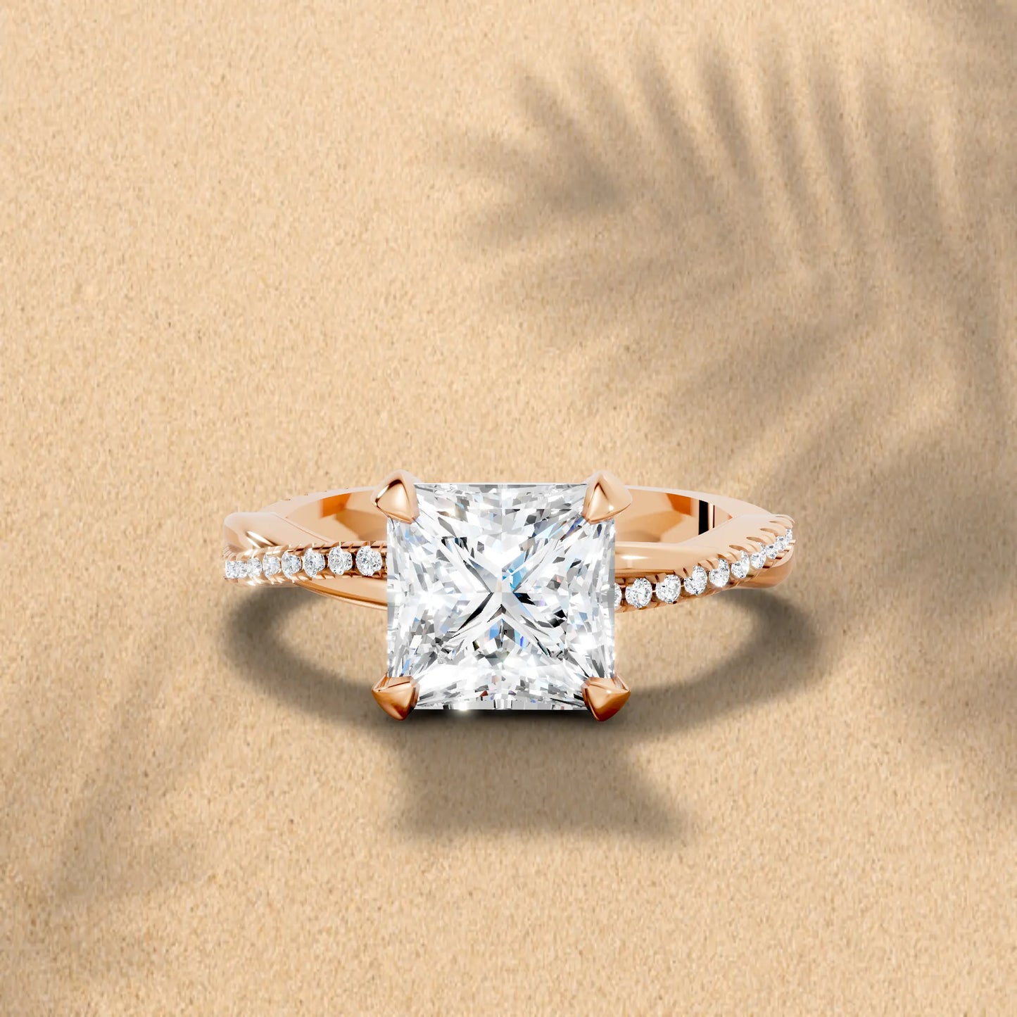 14K Gold Princess Cut Diamond Twisted Vine Hidden Halo Engagement Ring