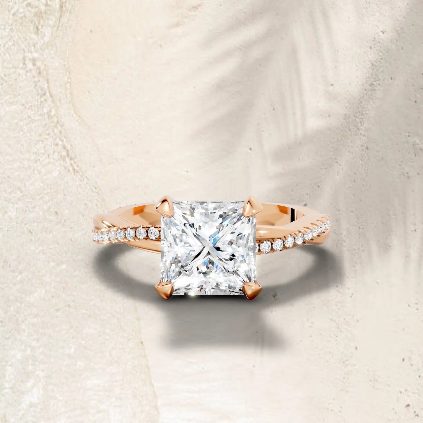 14K Gold Princess Cut Diamond Twisted Vine Hidden Halo Engagement Ring