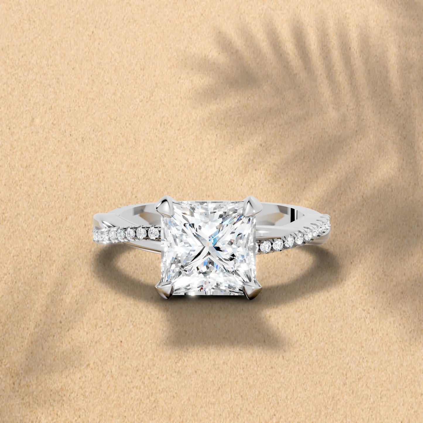 14K Gold Princess Cut Diamond Twisted Vine Hidden Halo Engagement Ring