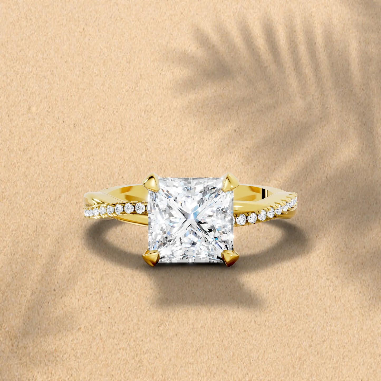 14K Gold Princess Cut Diamond Twisted Vine Hidden Halo Engagement Ring