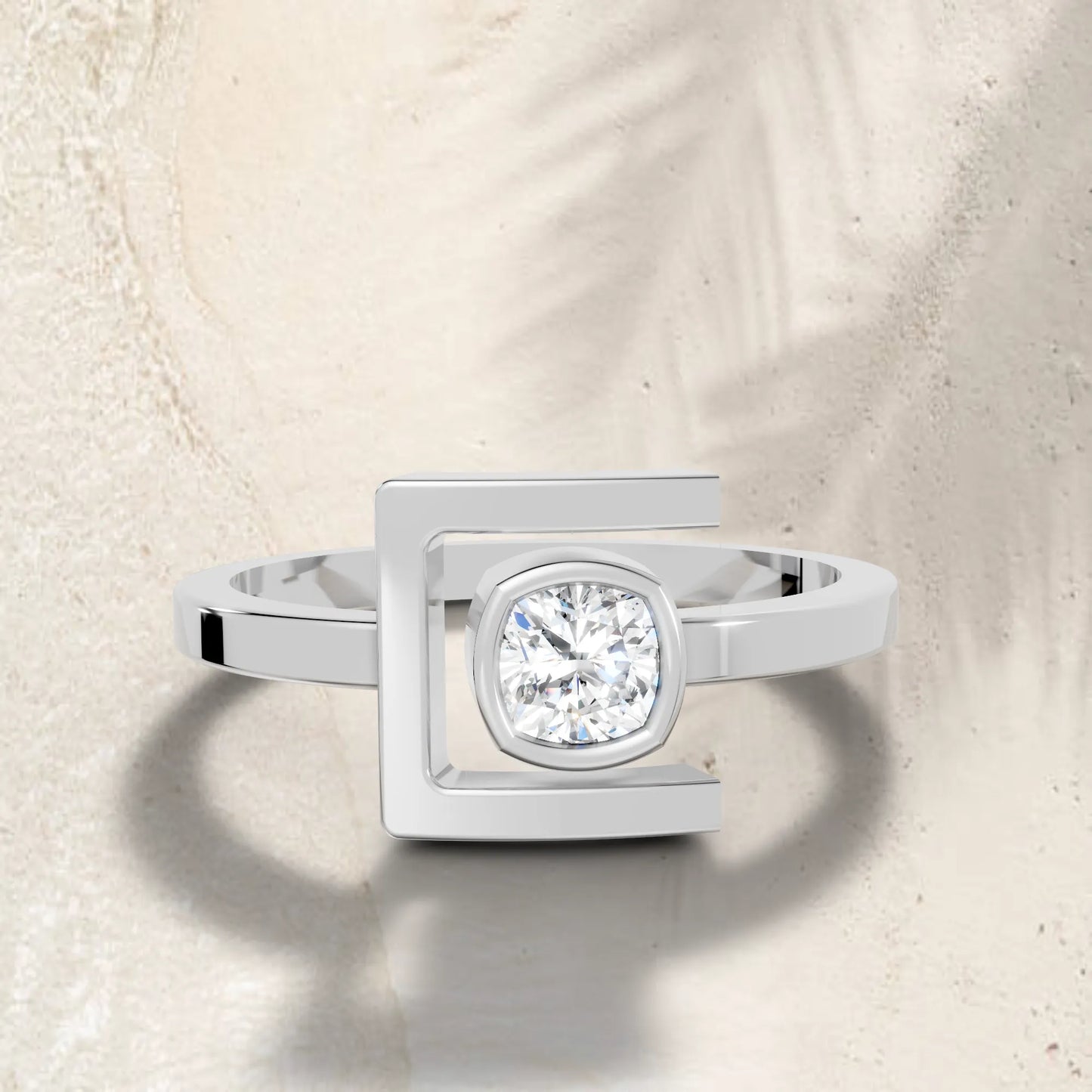 14K Gold Cushion Cut Diamond Modern Bezel Engagement Ring