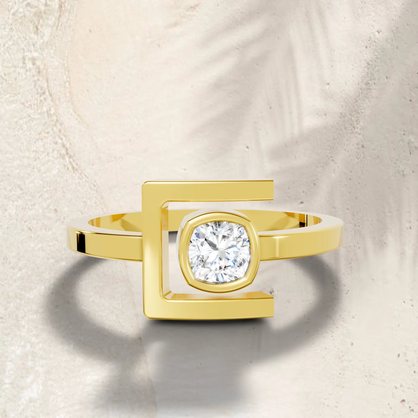 14K Gold Cushion Cut Diamond Modern Bezel Engagement Ring