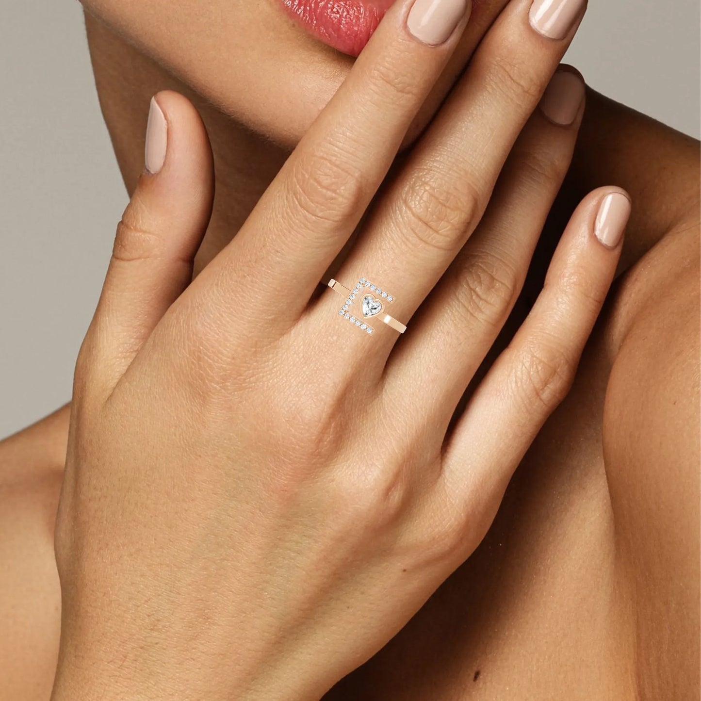 14K Gold Heart Cut Diamond Modern Bezel Engagement Ring with Accents