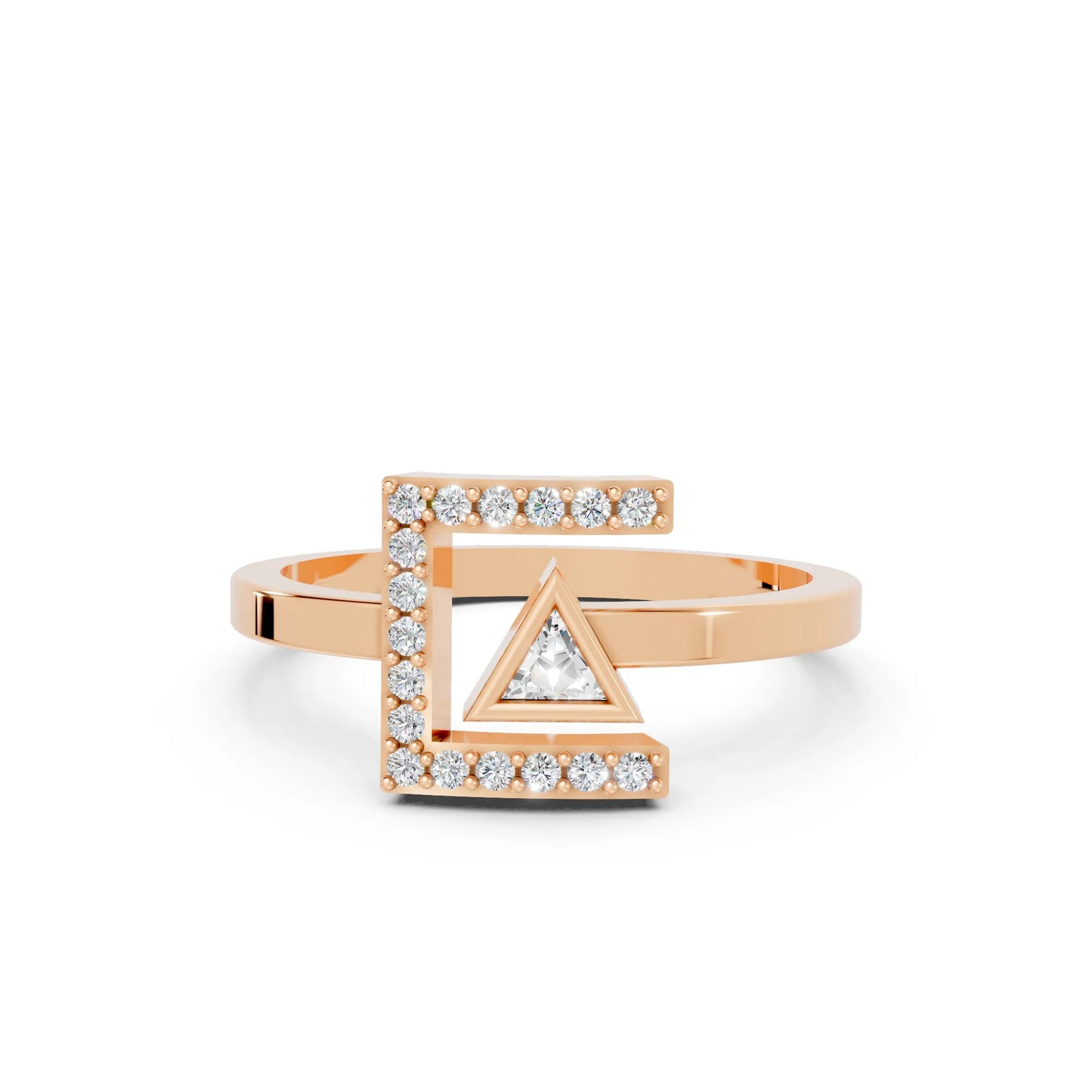 14K Gold Triangle Cut Diamond Modern Bezel Engagement Ring with Accents