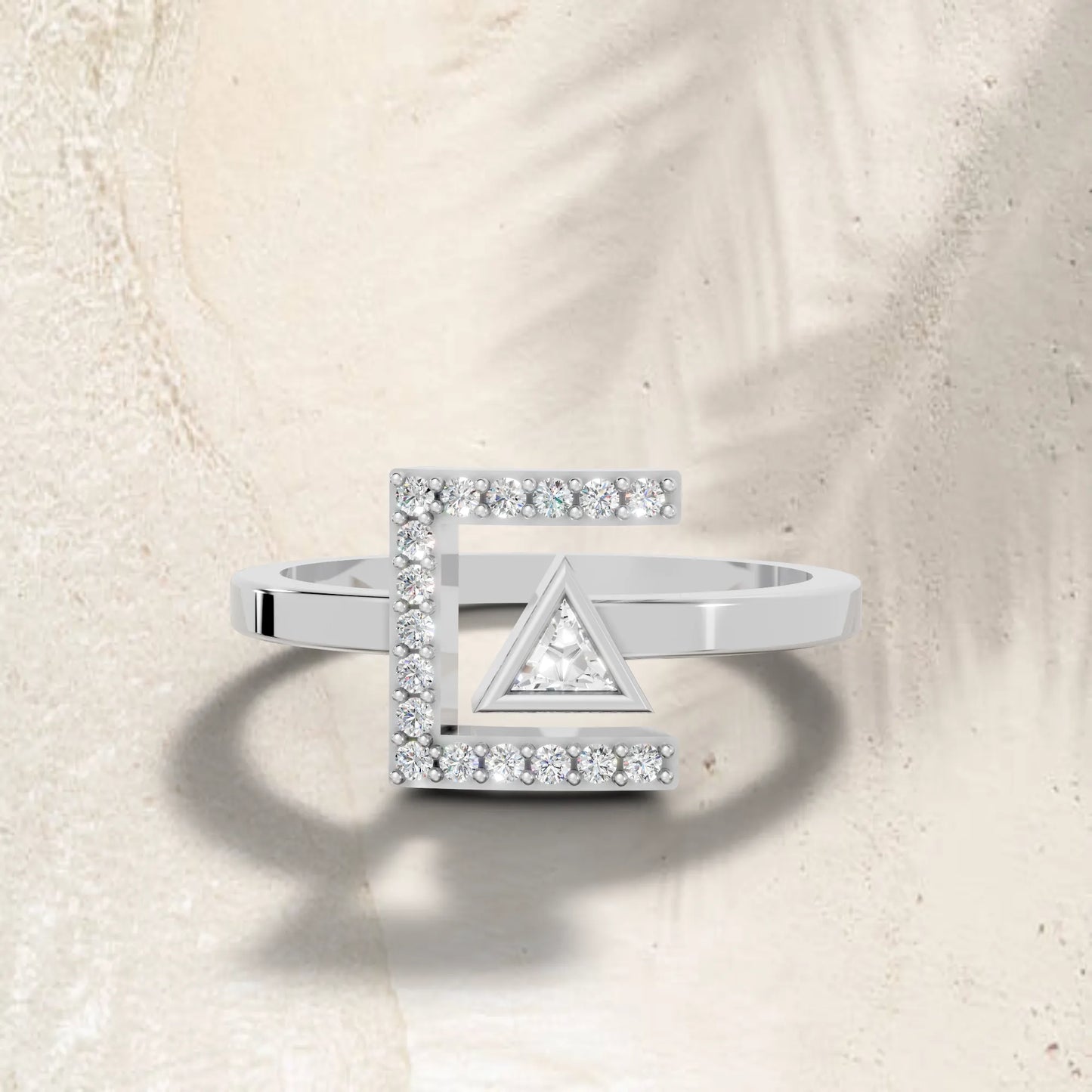 14K Gold Triangle Cut Diamond Modern Bezel Engagement Ring with Accents