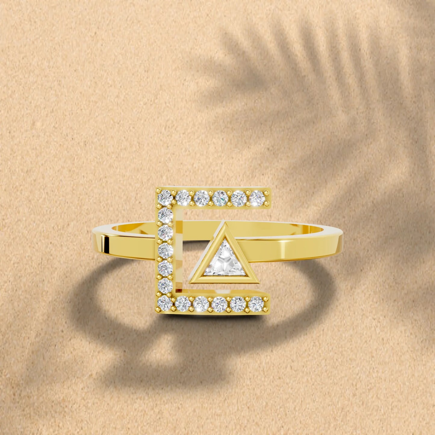 14K Gold Triangle Cut Diamond Modern Bezel Engagement Ring with Accents