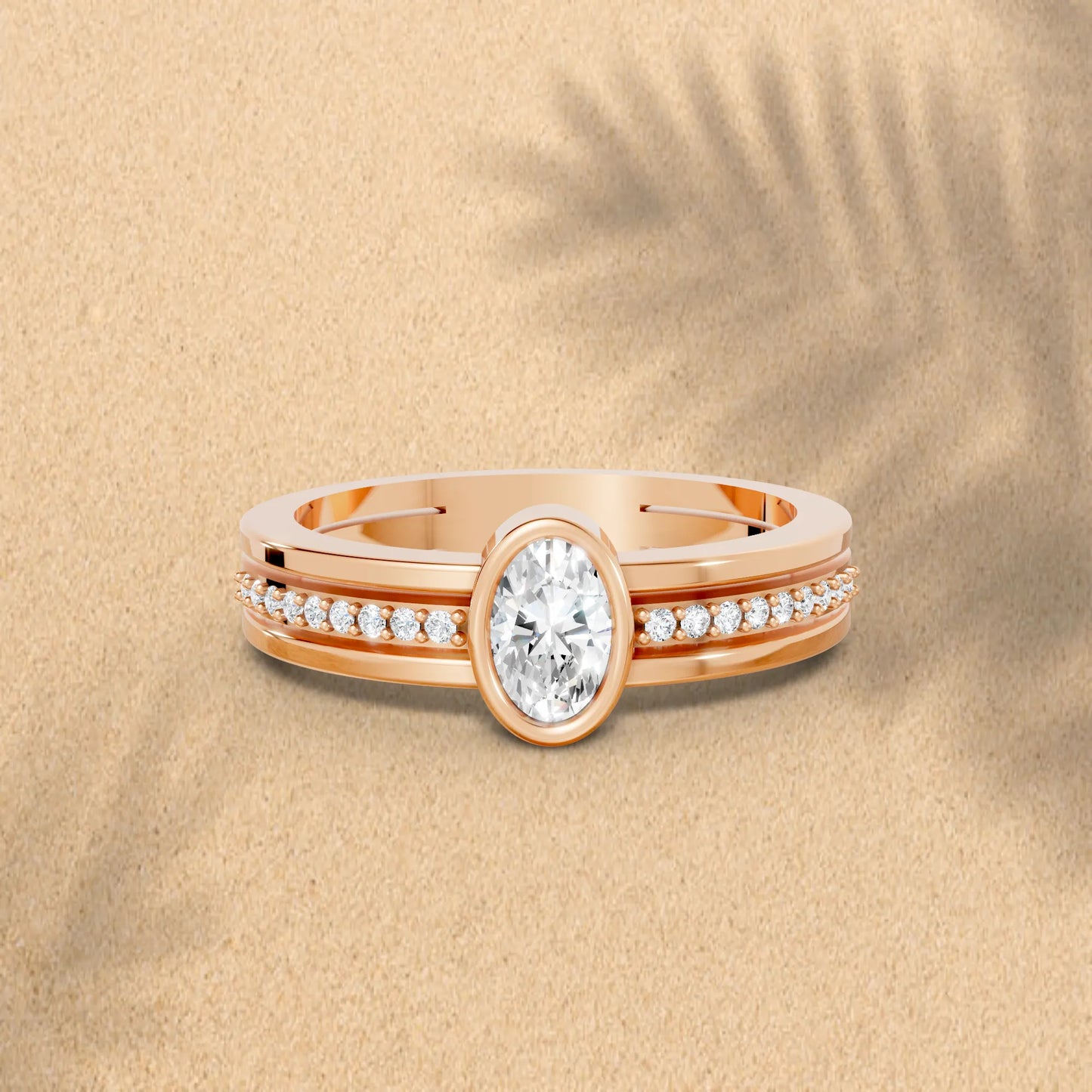 14K Gold Oval Cut Diamond Double Band Bezel Engagement Ring with Accents