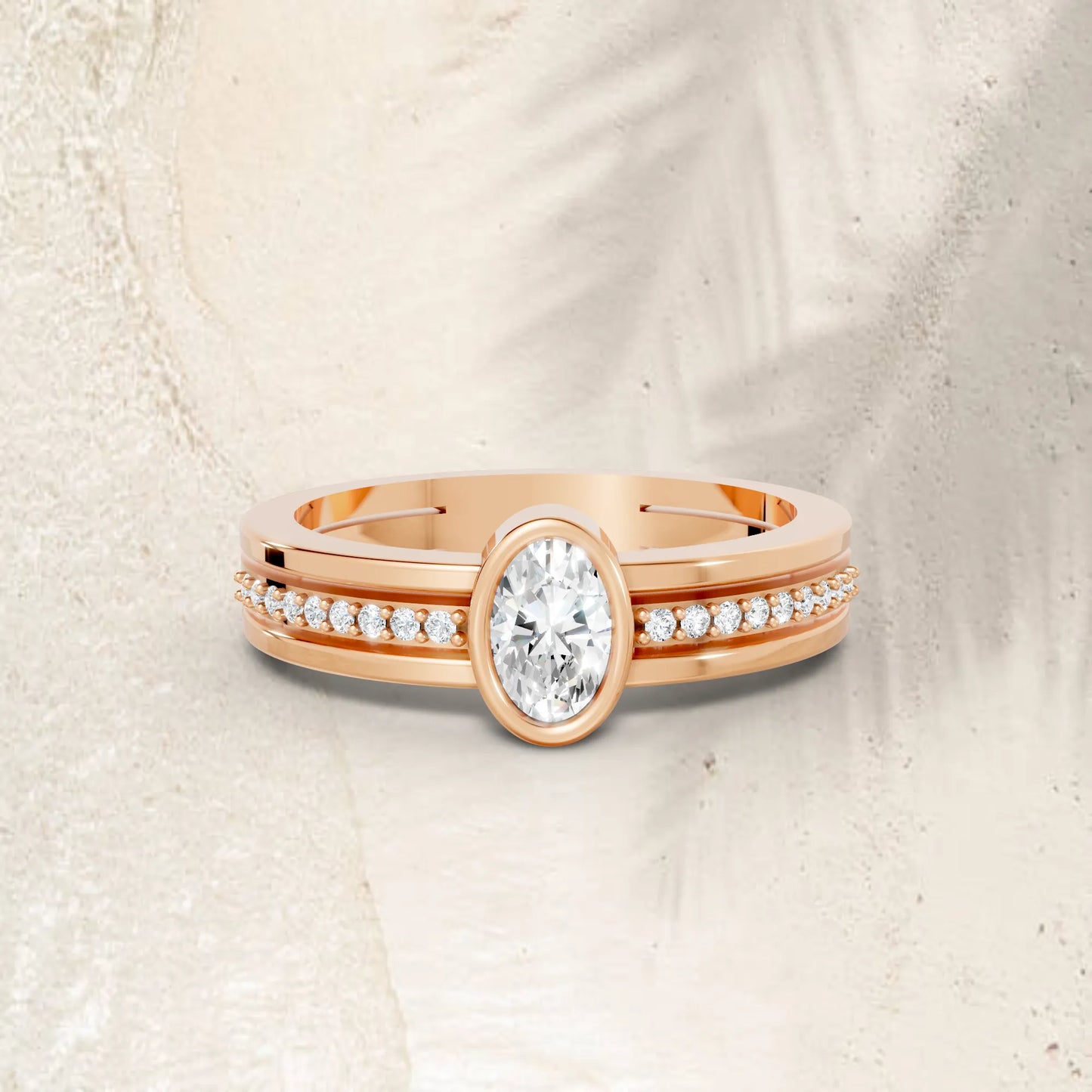 14K Gold Oval Cut Diamond Double Band Bezel Engagement Ring with Accents