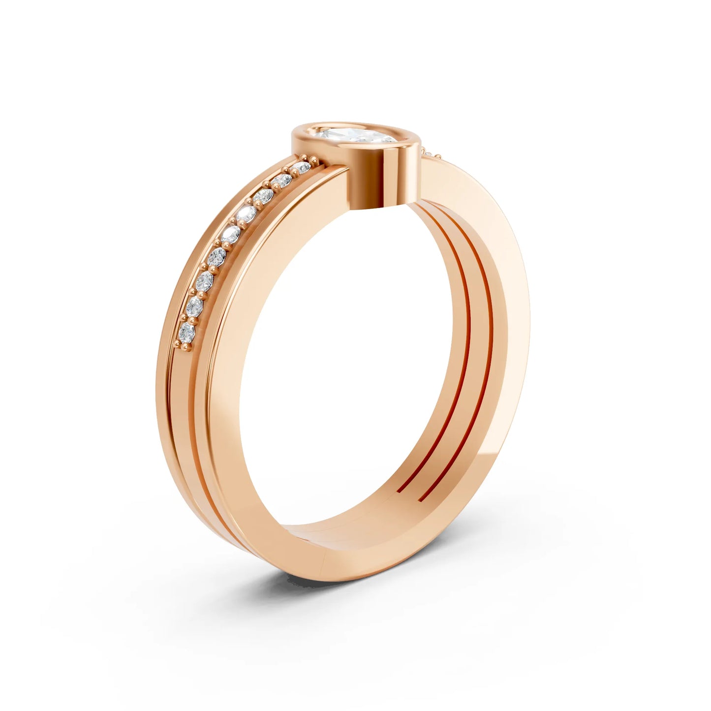 14K Gold Oval Cut Diamond Double Band Bezel Engagement Ring with Accents