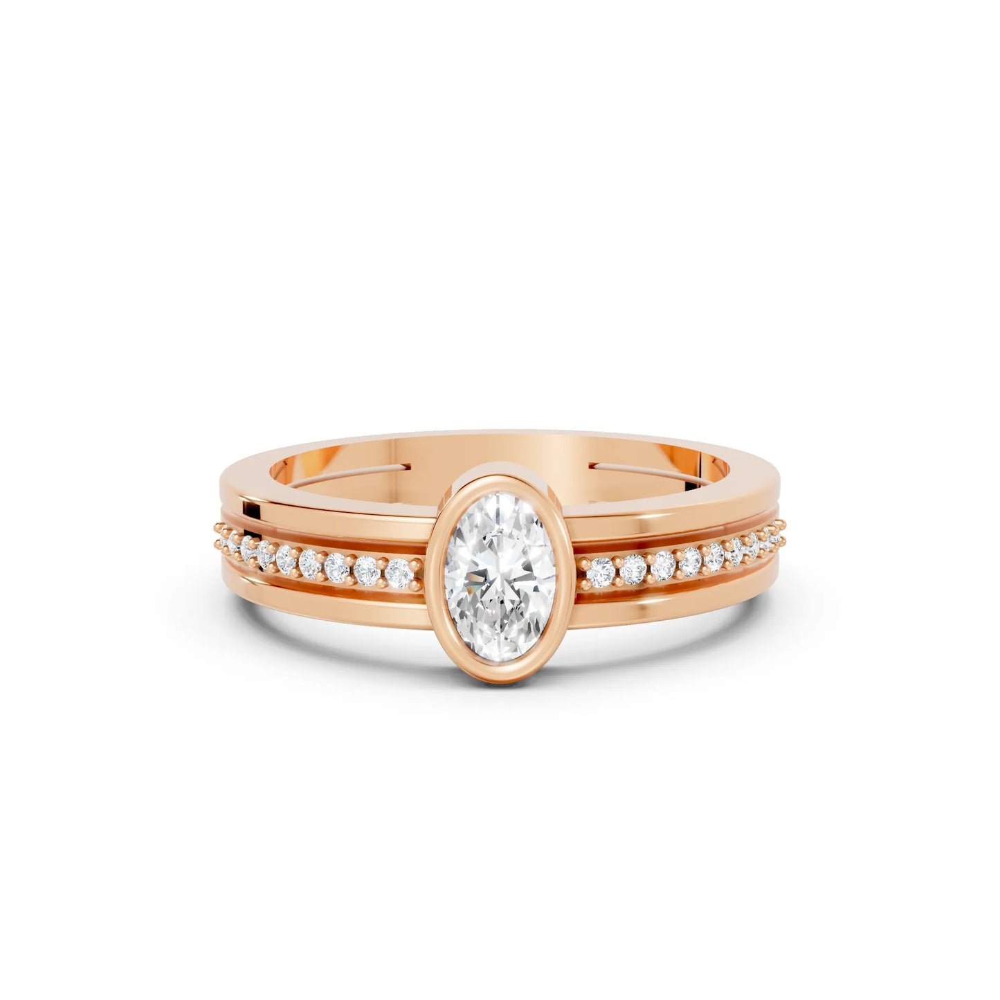 14K Gold Oval Cut Diamond Double Band Bezel Engagement Ring with Accents