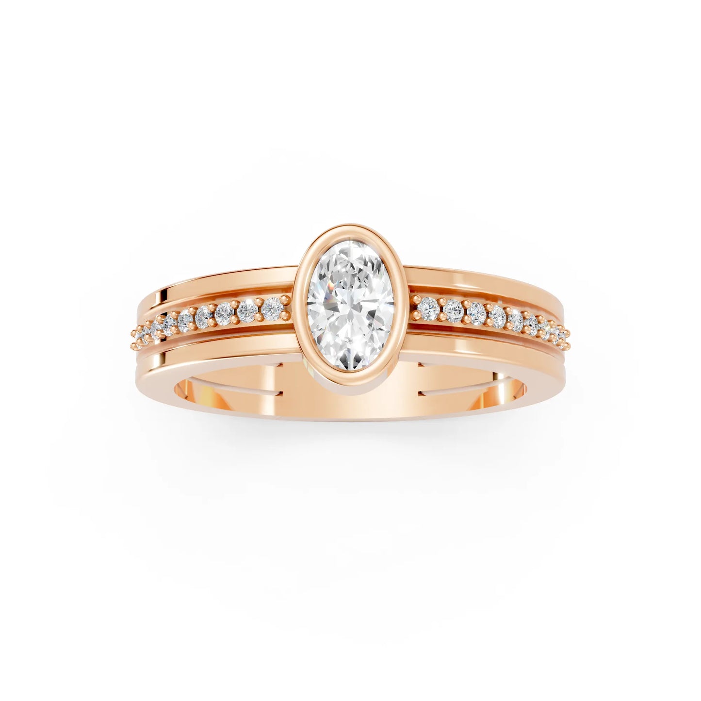 14K Gold Oval Cut Diamond Double Band Bezel Engagement Ring with Accents