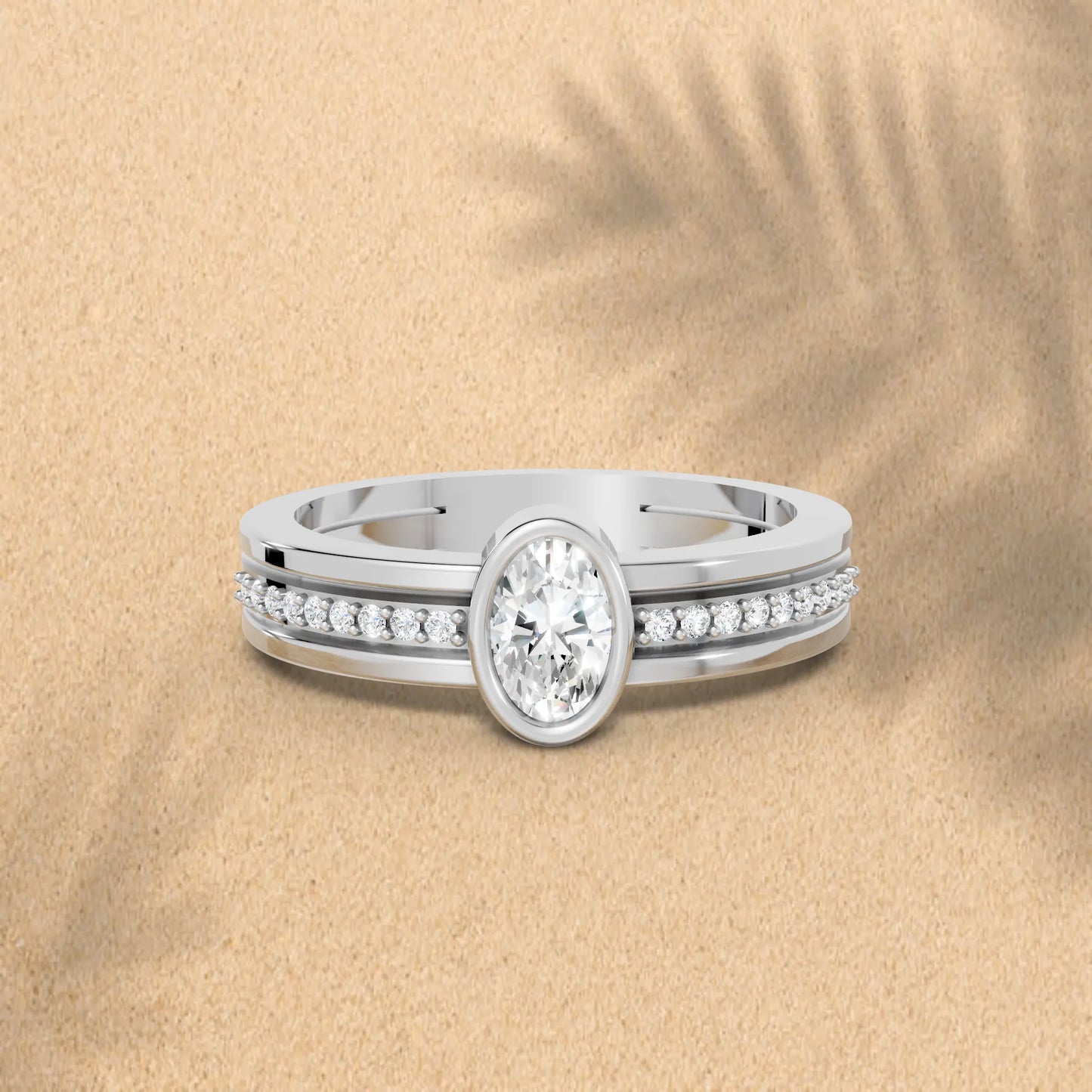 14K Gold Oval Cut Diamond Double Band Bezel Engagement Ring with Accents