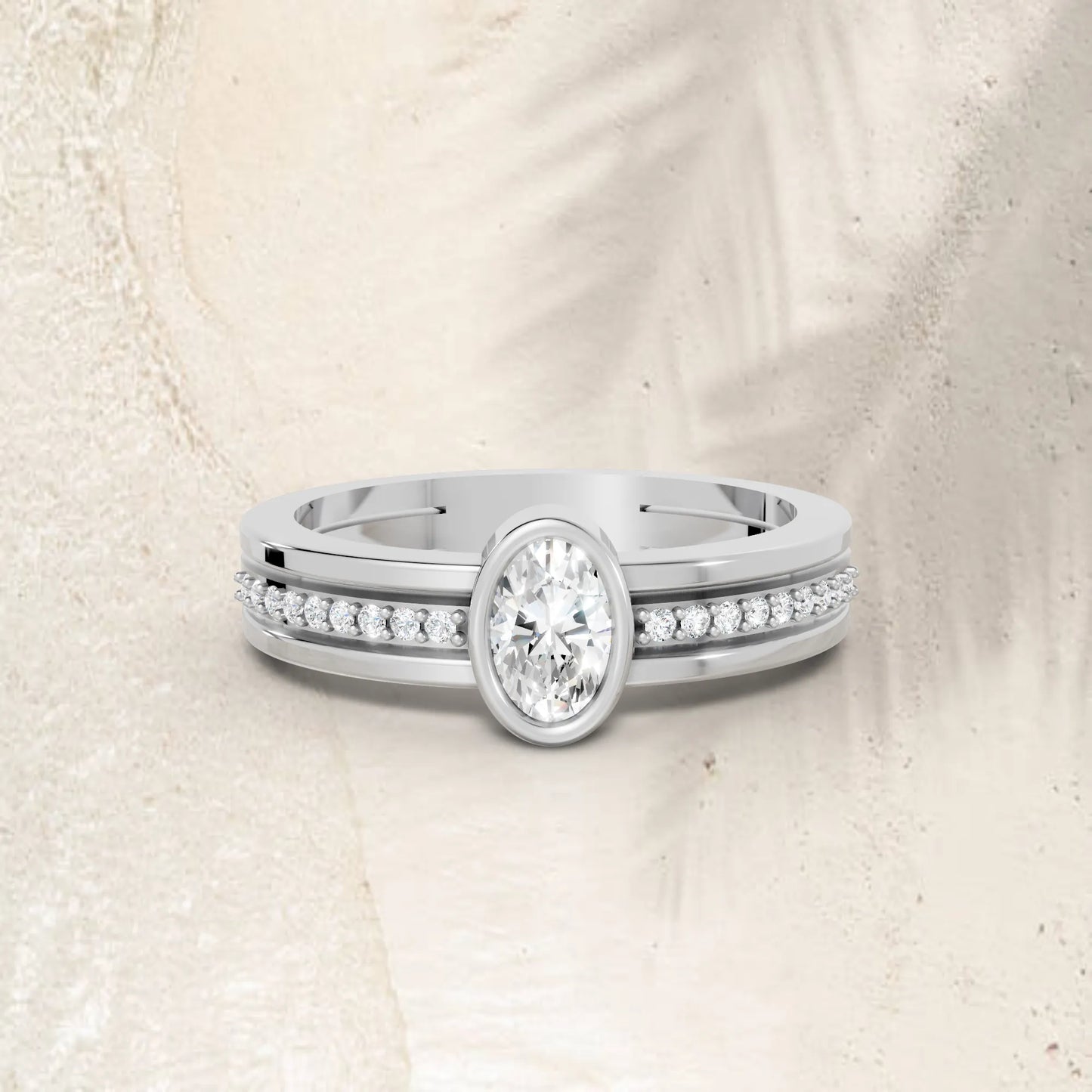 14K Gold Oval Cut Diamond Double Band Bezel Engagement Ring with Accents