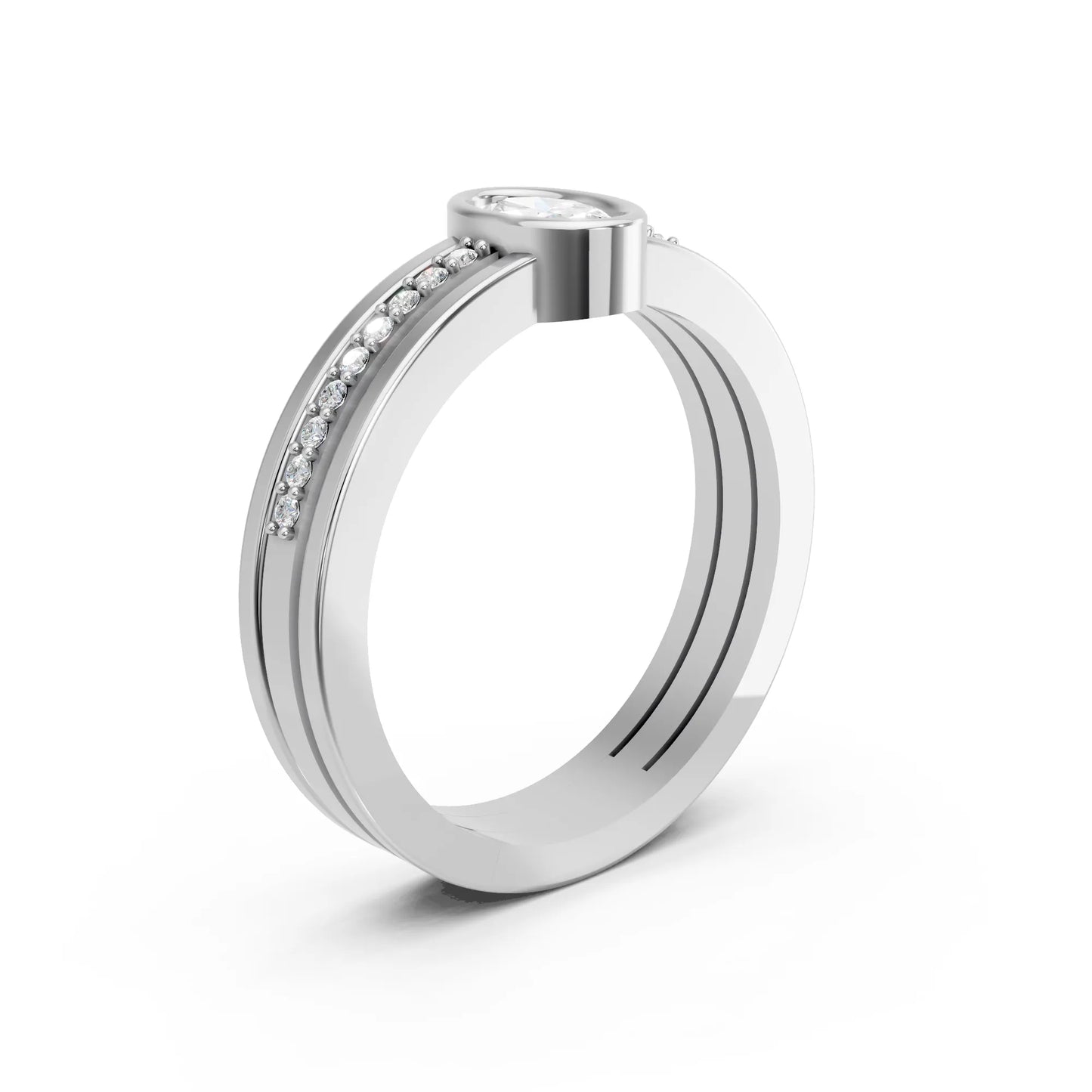 14K Gold Oval Cut Diamond Double Band Bezel Engagement Ring with Accents